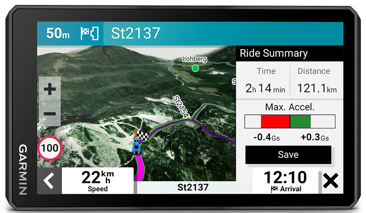 Nawigacja Garmin pokazuje mapę 3D, podsumowanie jazdy, czas, dystans, przyspieszenie i czas przybycia.