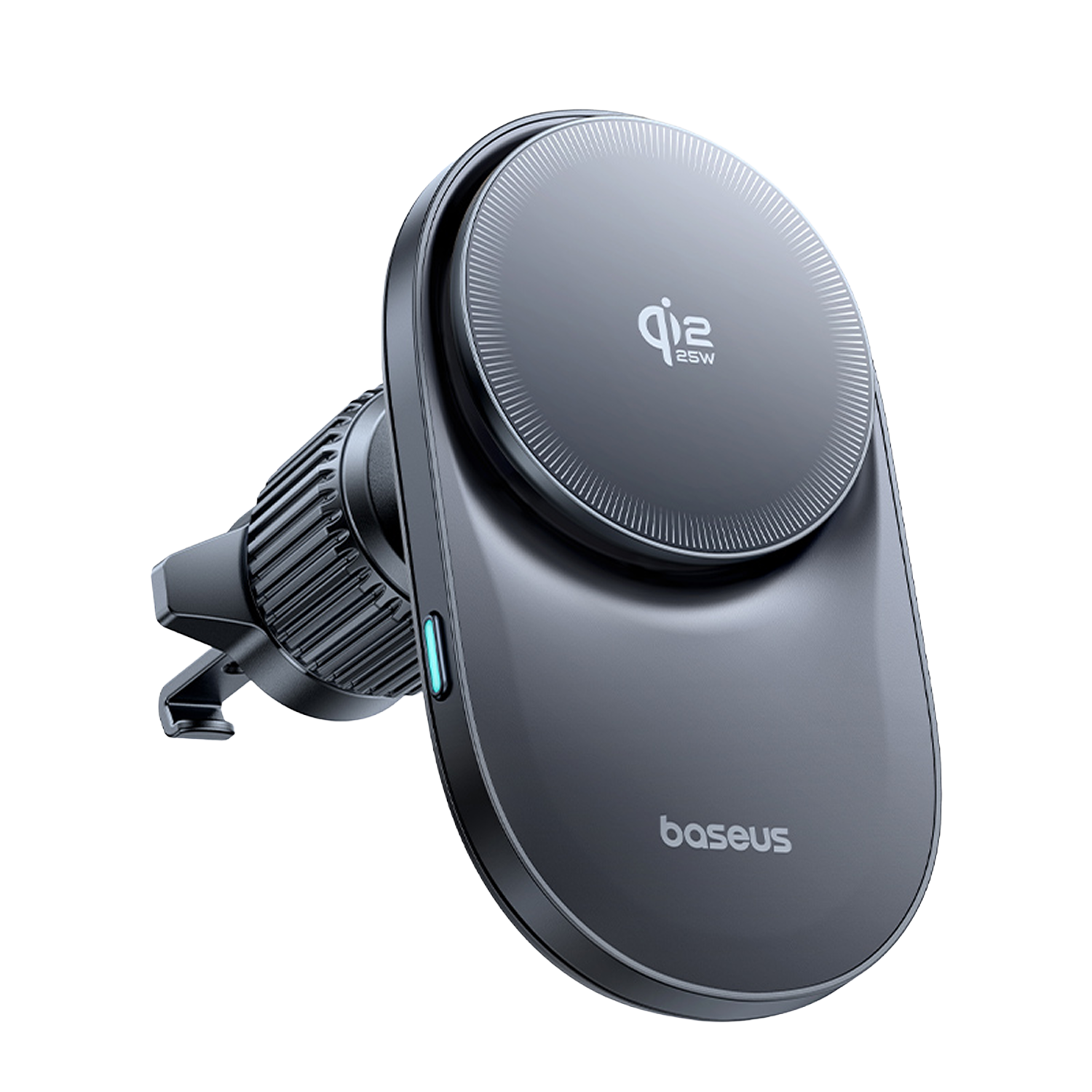 Un cargador inalámbrico para coche Baseus gris oscuro con logo Qi y 25W.