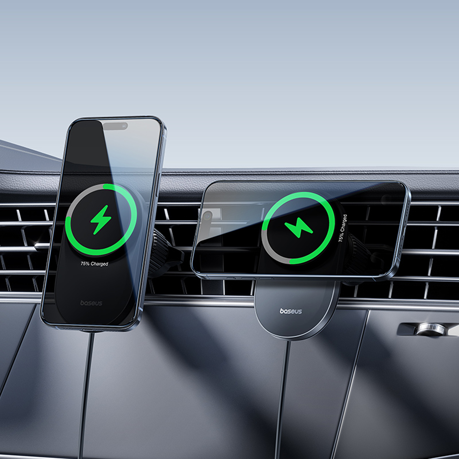Dos teléfonos cargando inalámbricamente en soportes de ventilación de coche. Uno vertical, otro horizontal.