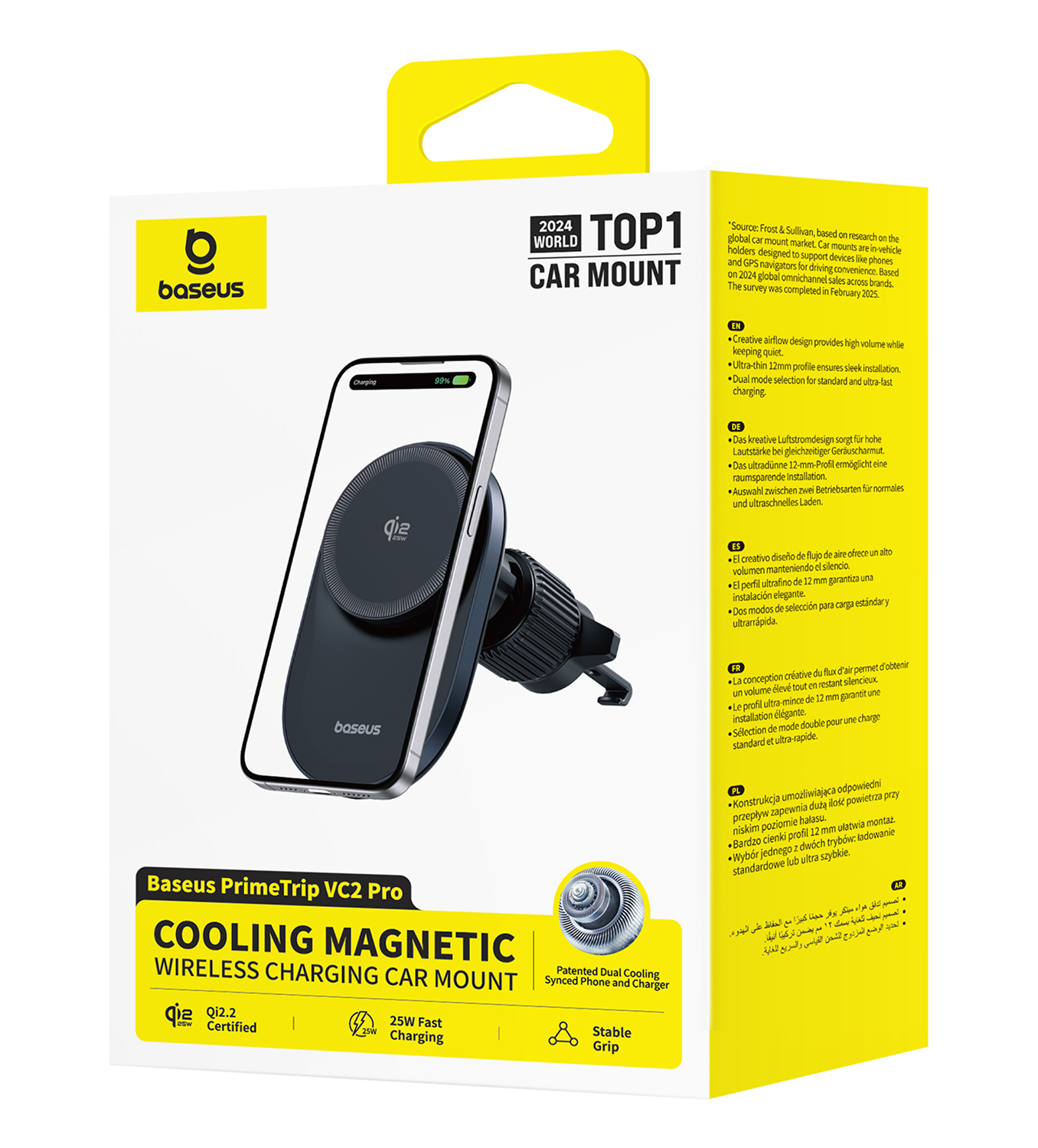 Soporte para coche Baseus con refrigeración, carga Qi2.2, 25W, fino.