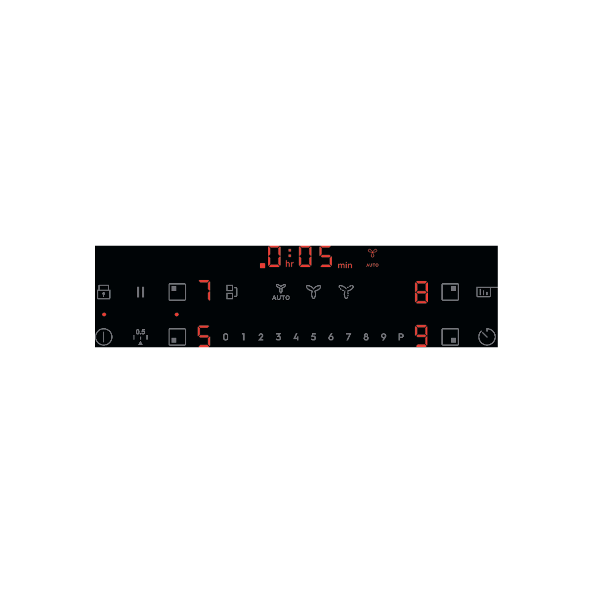 Digitális kijelző 0:05 időzítővel, 5-ös és 8-as fokozattal, AUTO funkcióval.