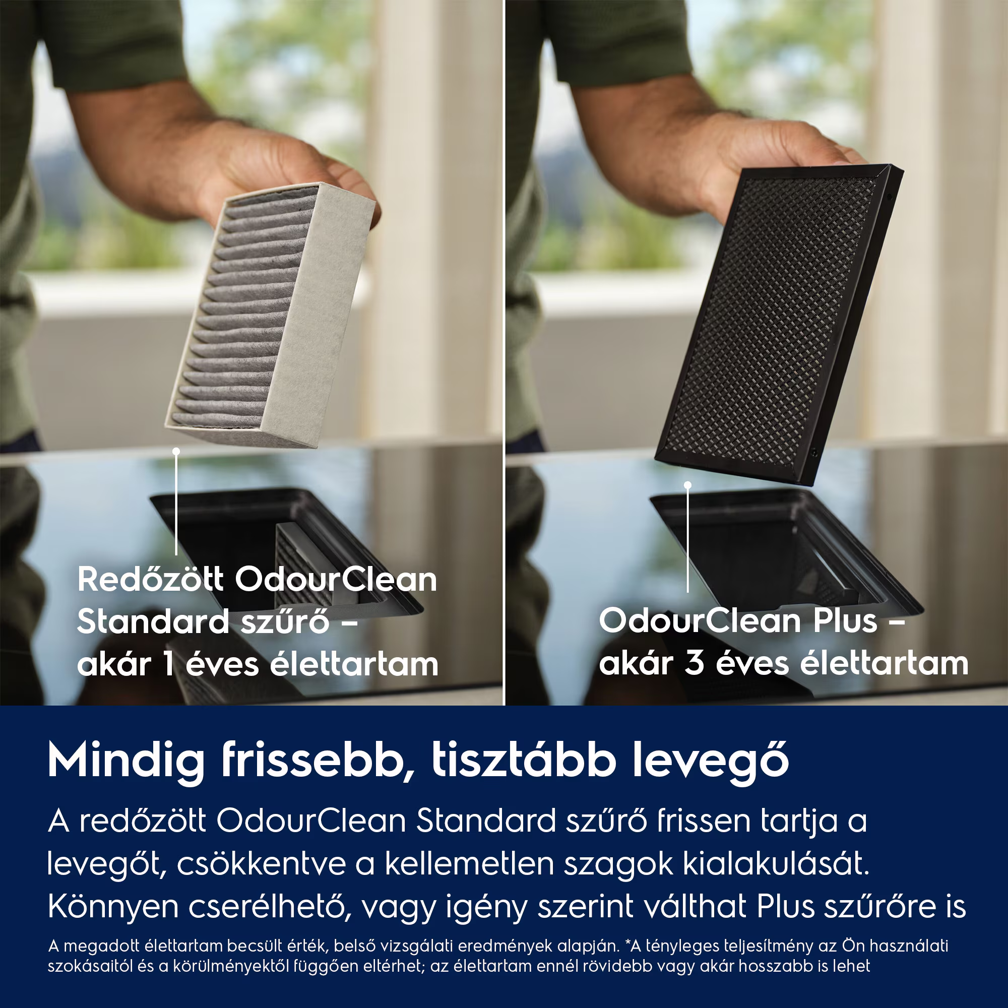 Egy férfi két légszűrőt tart. Balra standard, jobbra plus szűrő.