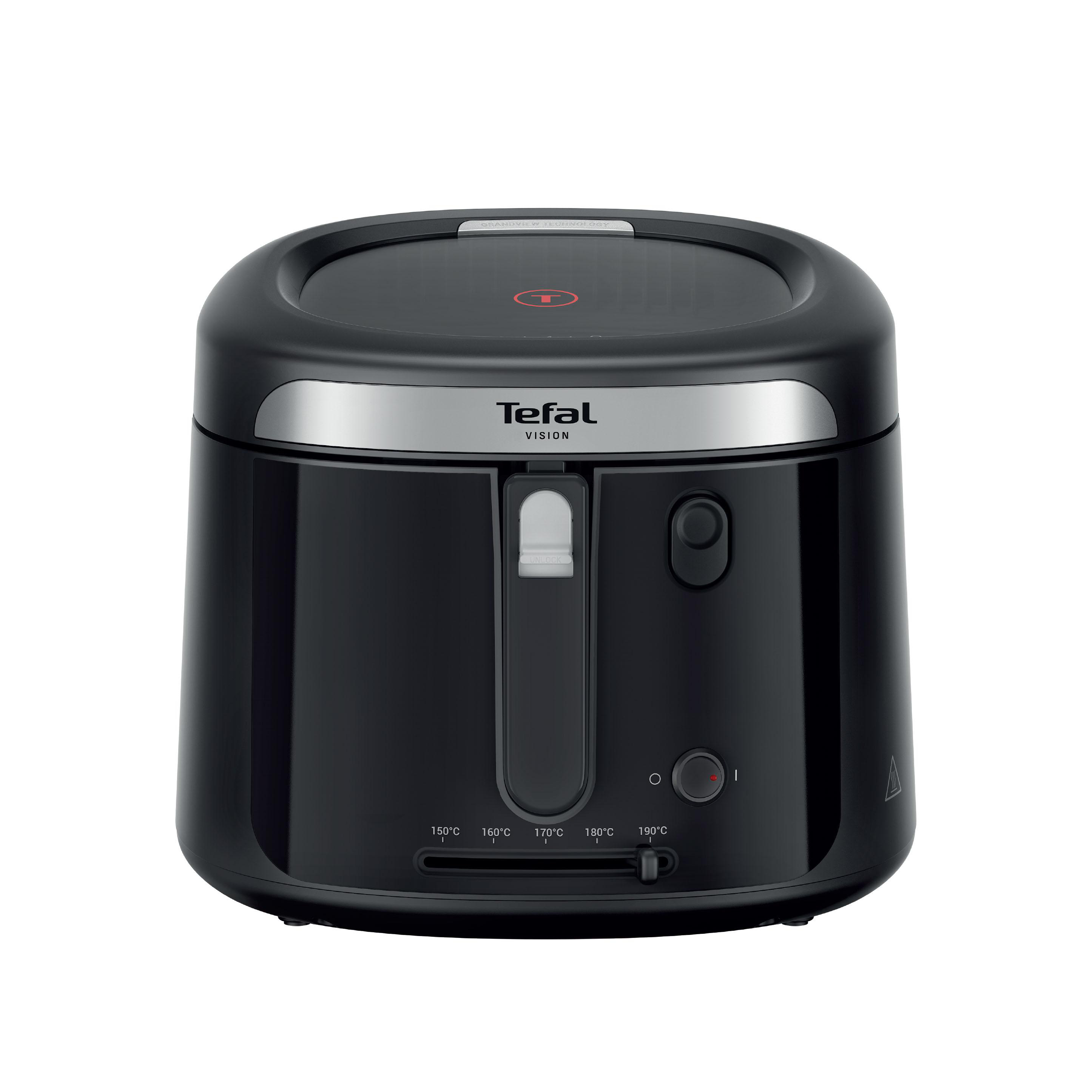 Schwarzer Tefal Vision Heißluftfritteuse mit Temperaturregler und Entriegelungsknopf.