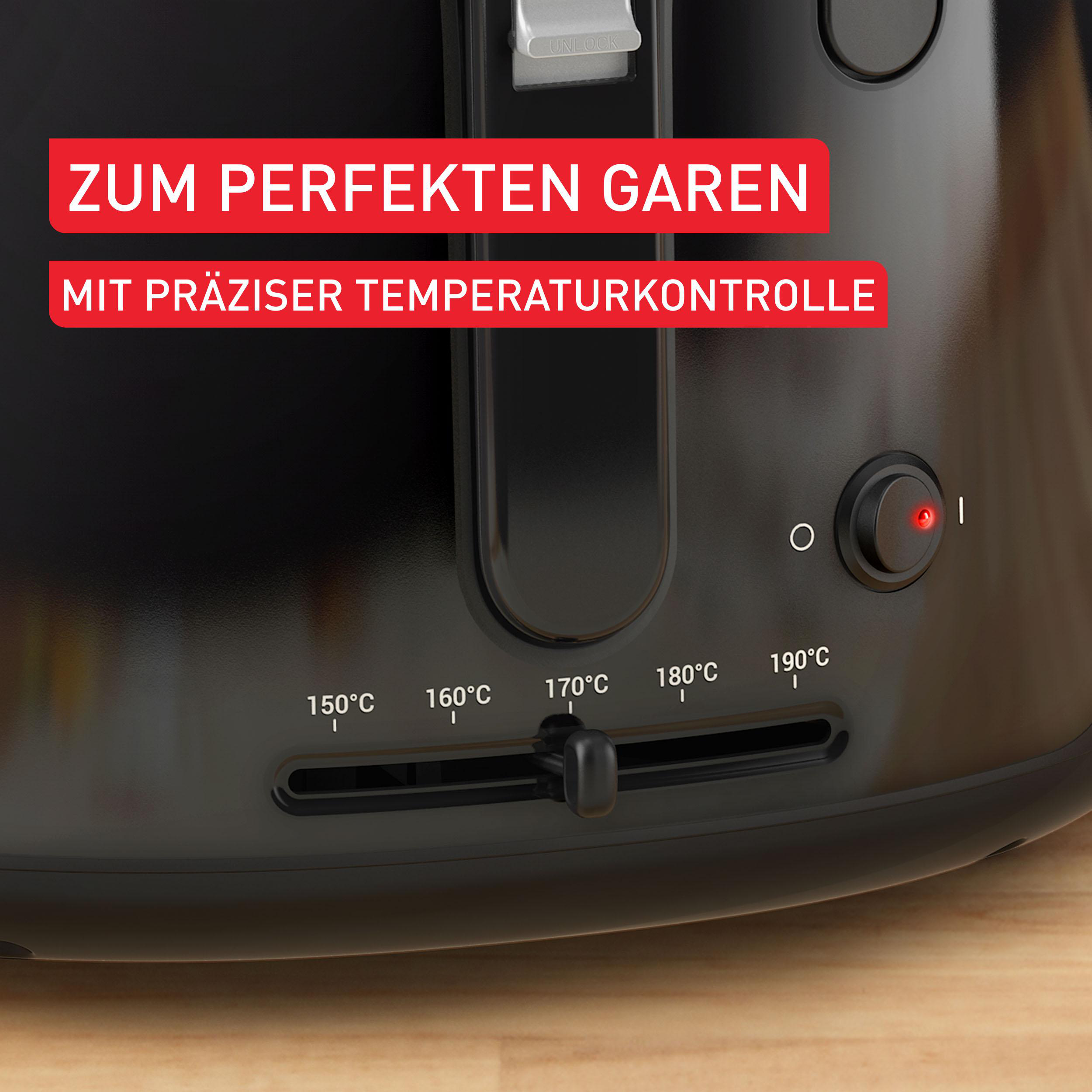 Schwarzer Toaster mit Temperaturregler. Roter Knopf leuchtet.