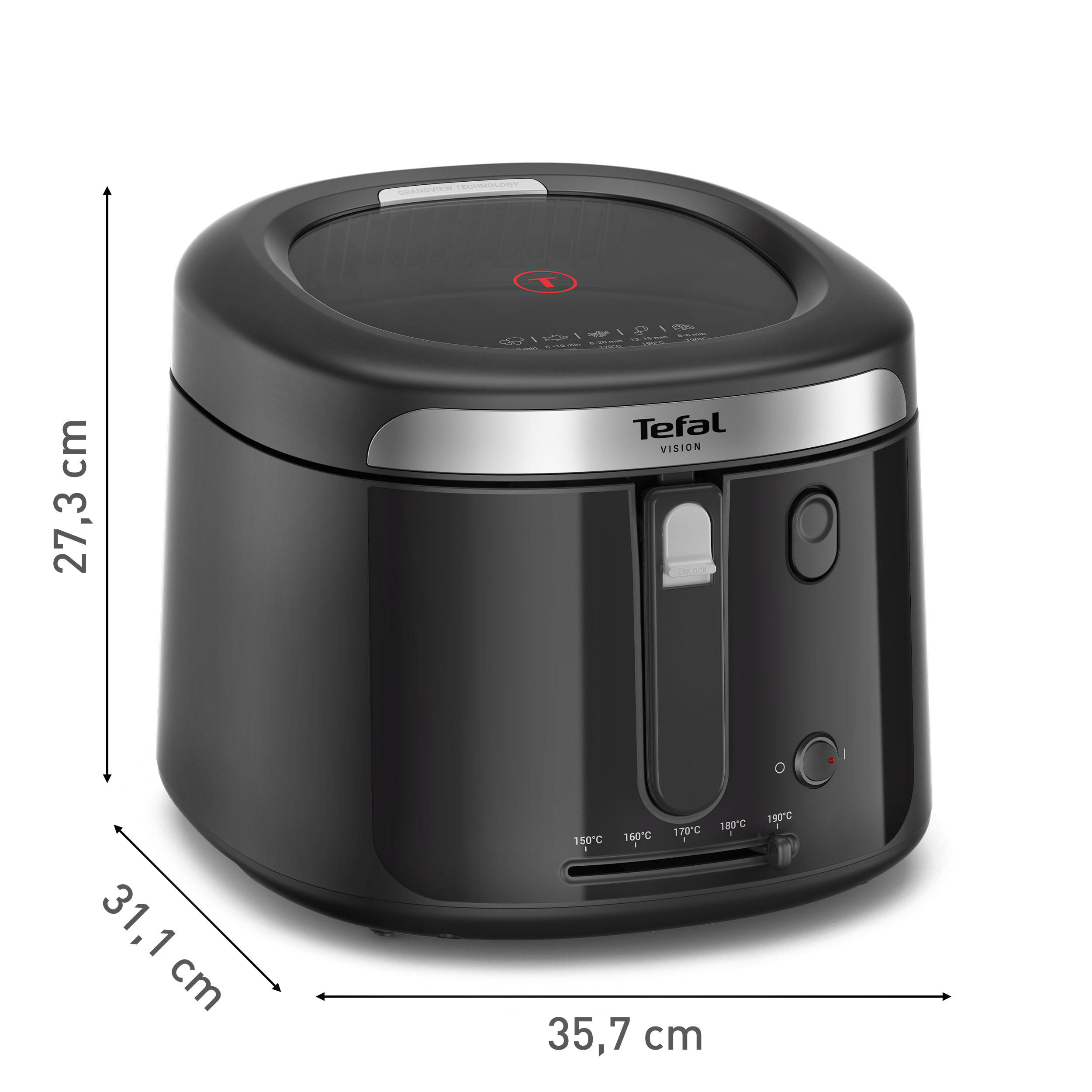 Schwarzer Tefal Vision Fritteuse mit silbernem Band und Temperaturregler.
