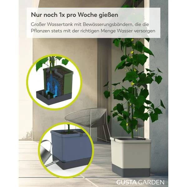 Növényöntöző rendszer nagy víztartállyal és részletes grafikával.
