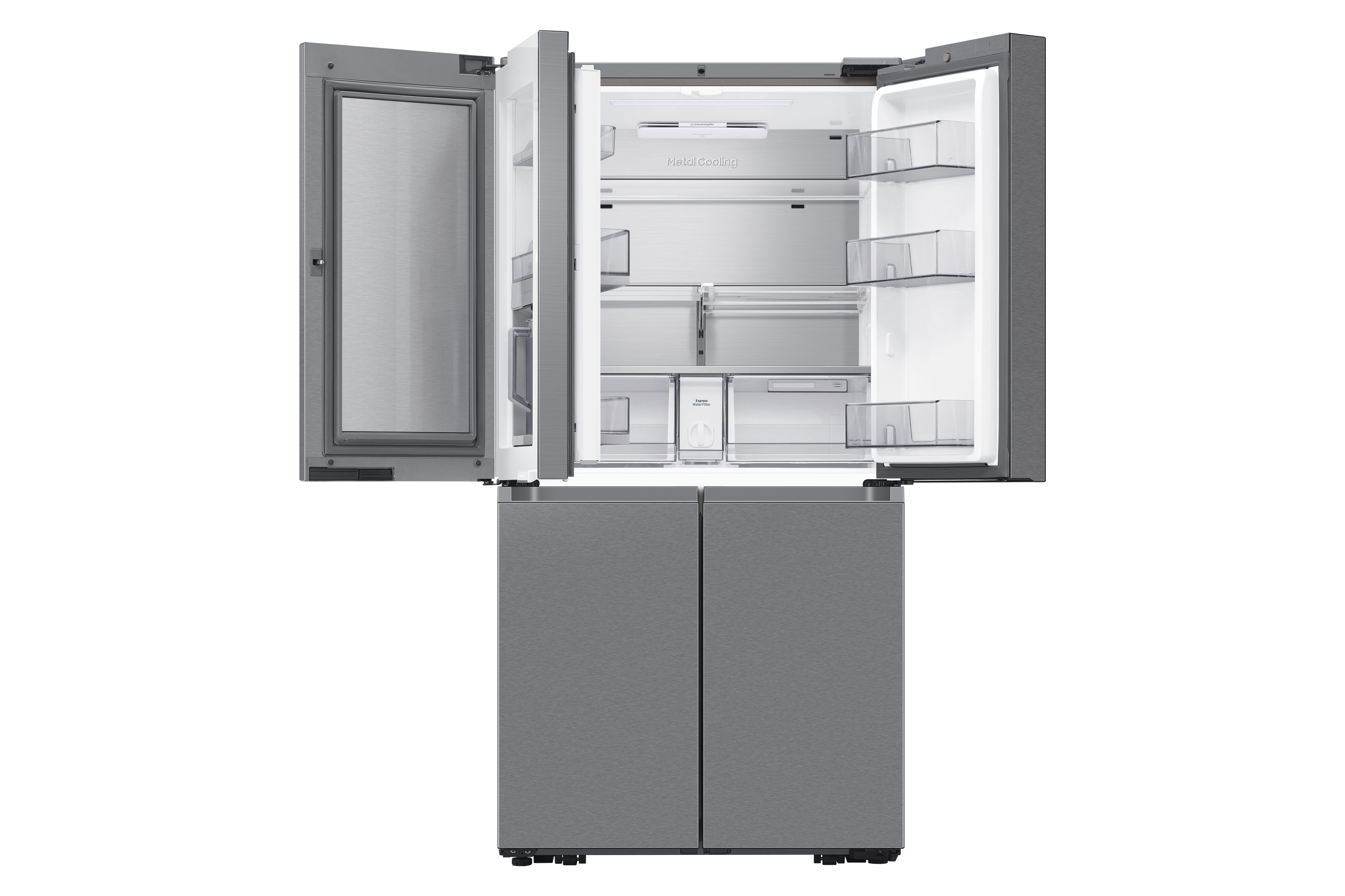 Refrigerador gris con puertas abiertas, compartimentos transparentes y enfriamiento metálico.