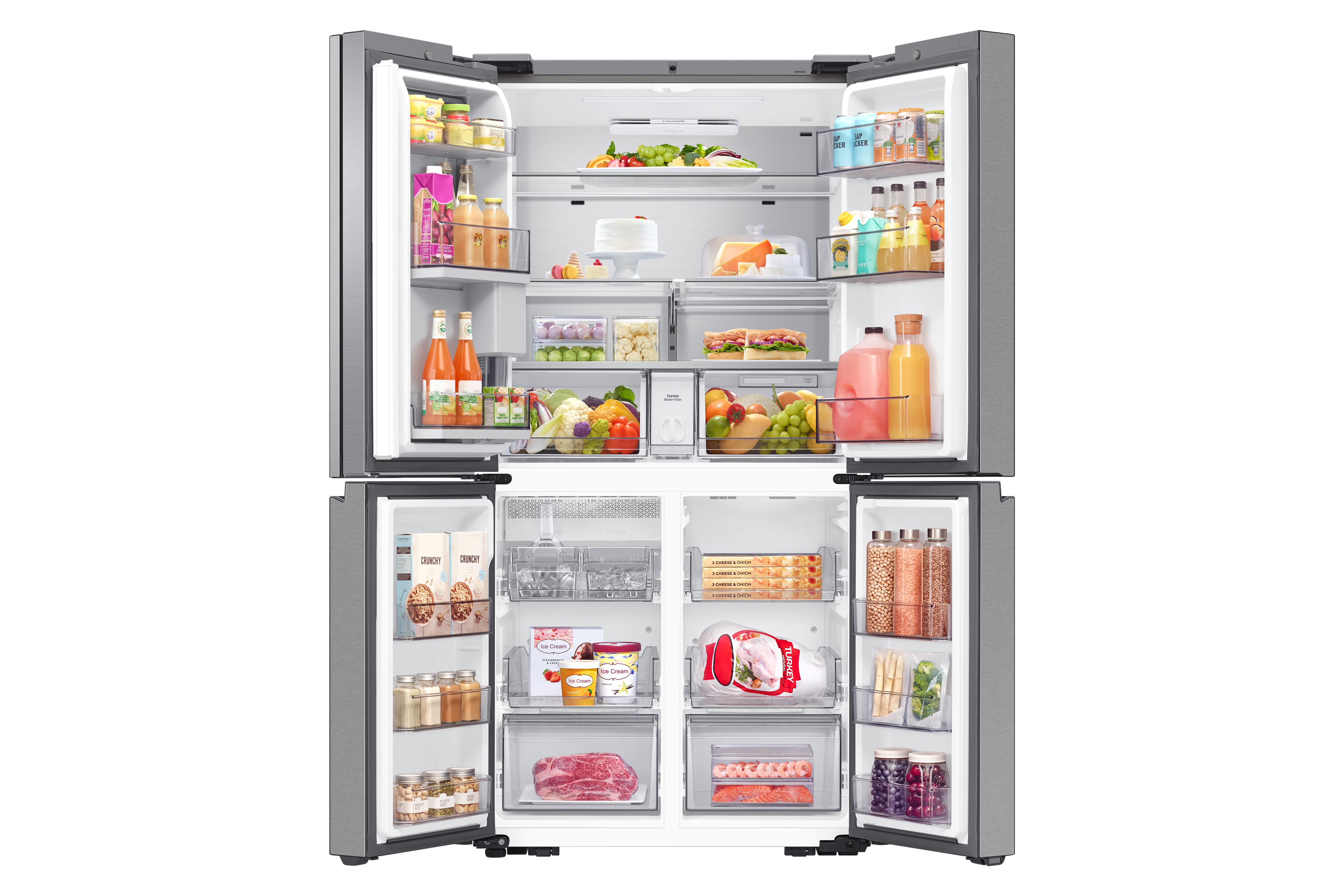 Refrigerador abierto abastecido de comida: bebidas, frutas, verduras, carne, helado y cereales.