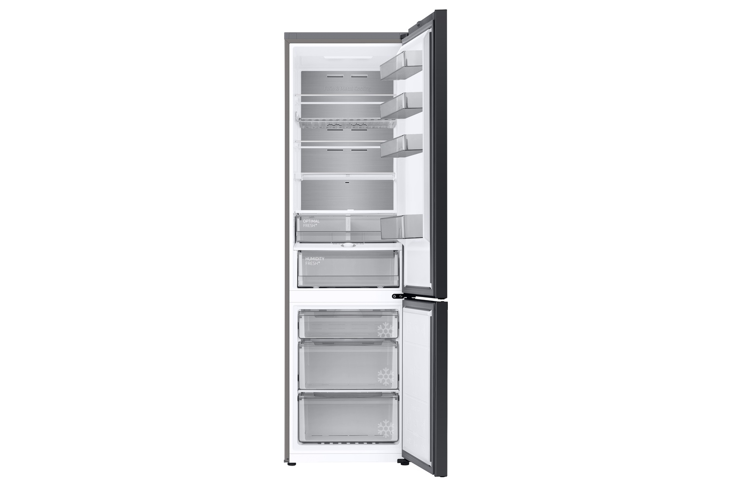 Un refrigerador abierto con varios estantes y cajones.