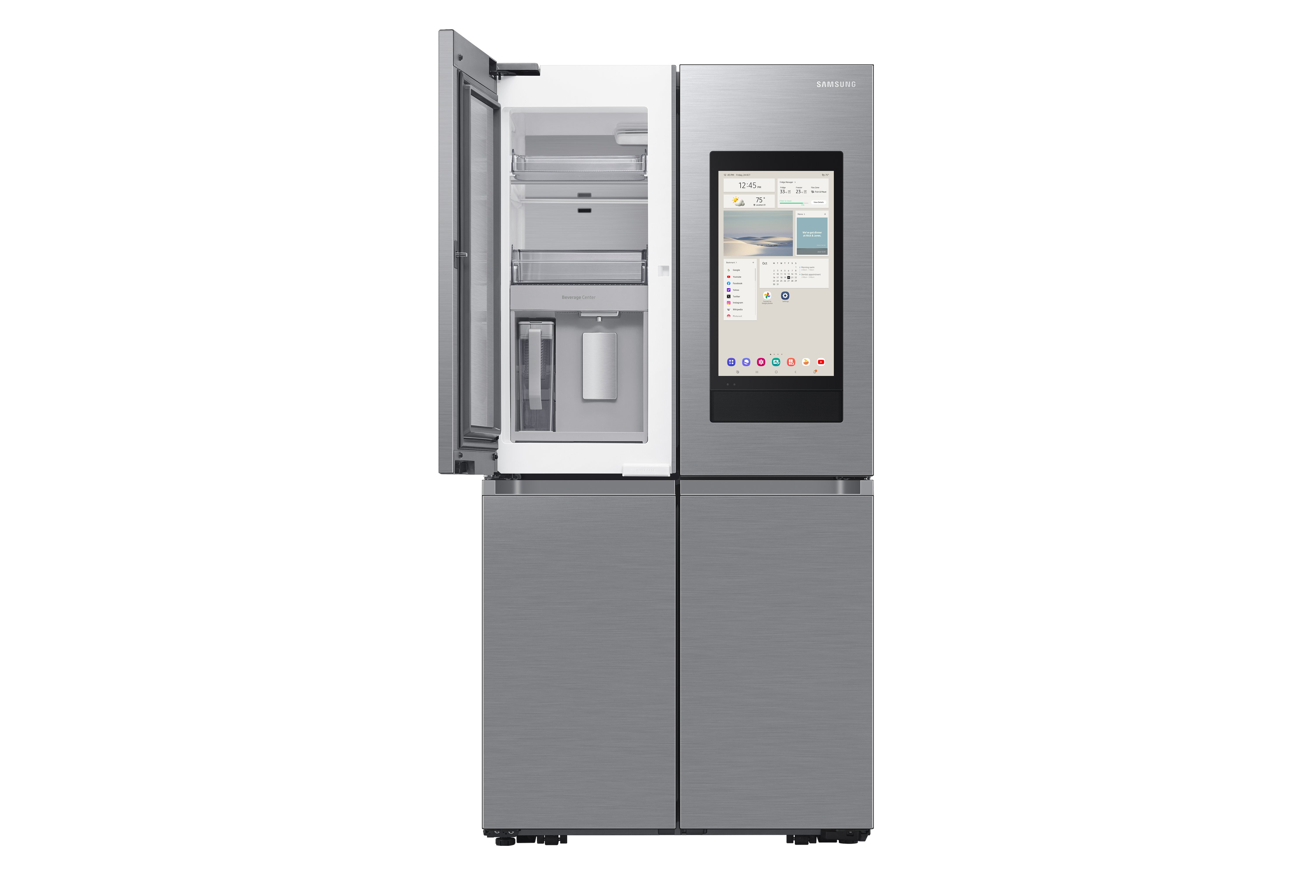 Un refrigerador Samsung plateado con pantalla táctil, una puerta abierta.