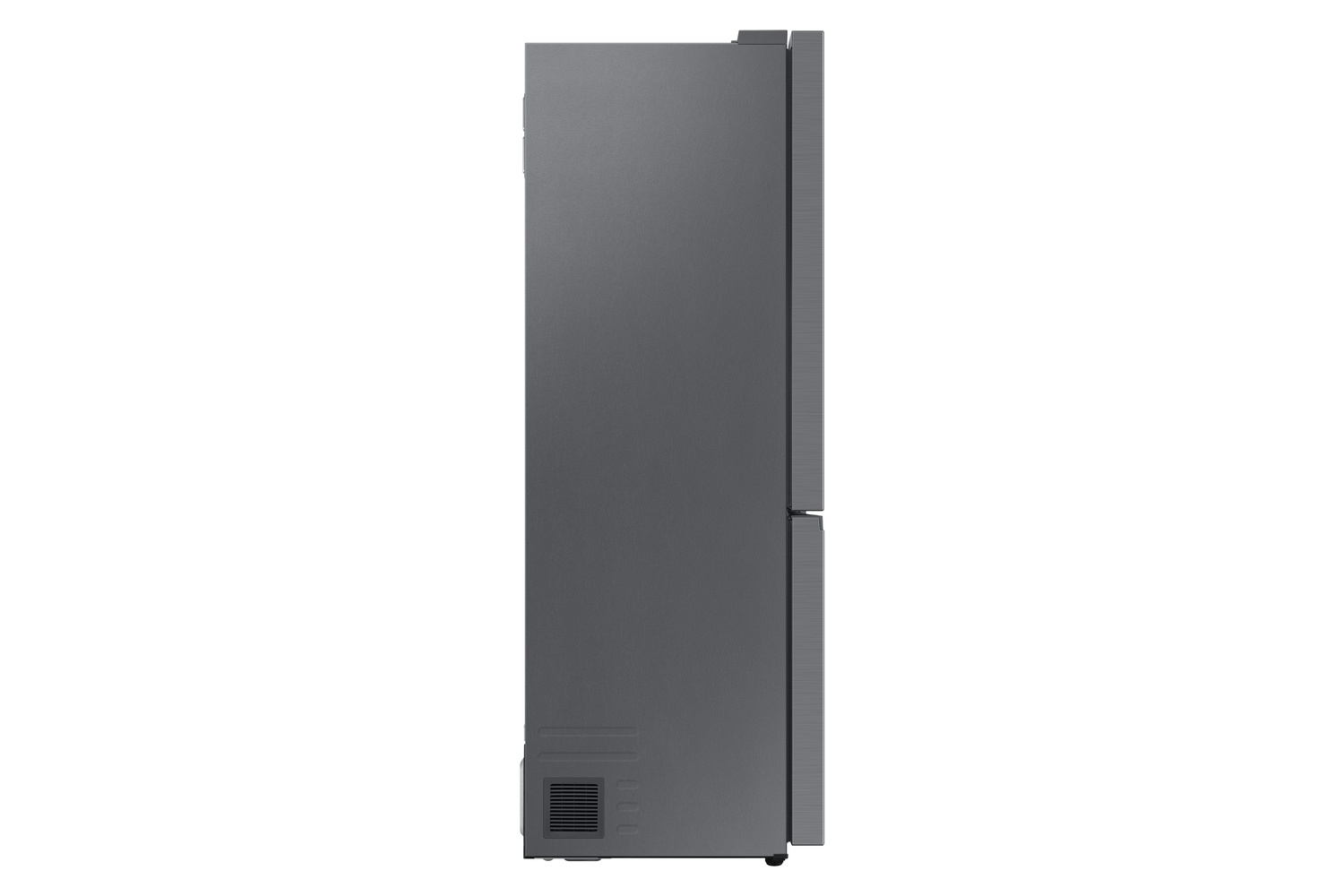 Refrigerador gris visto de lado con rejilla de ventilación abajo.