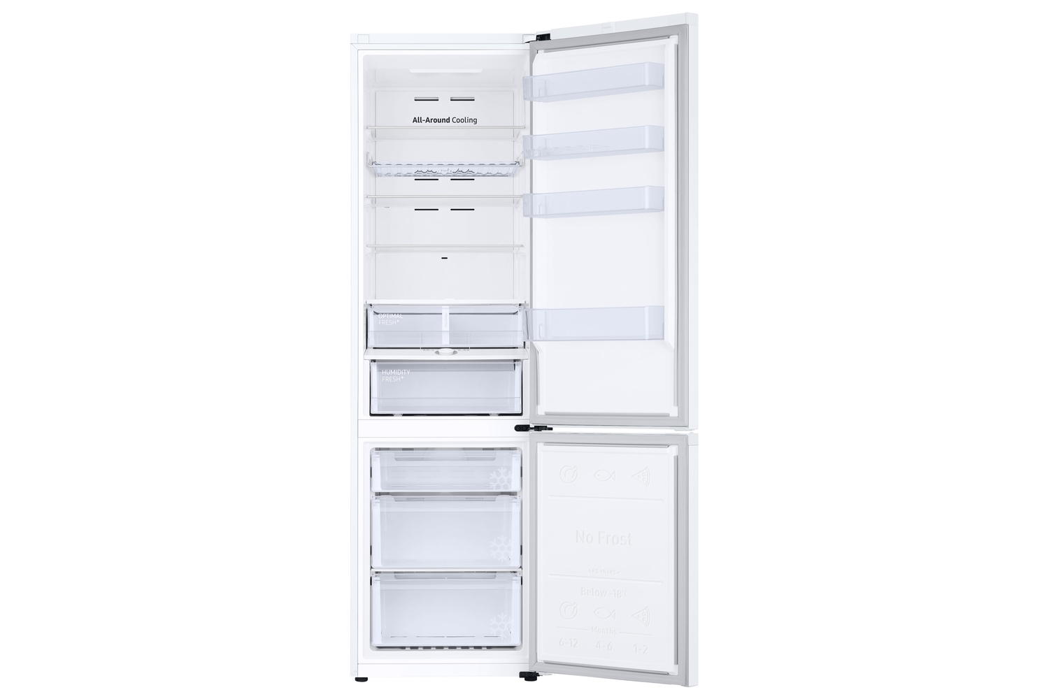 Un refrigerador blanco con puertas abiertas, lleno de estantes y cajones.