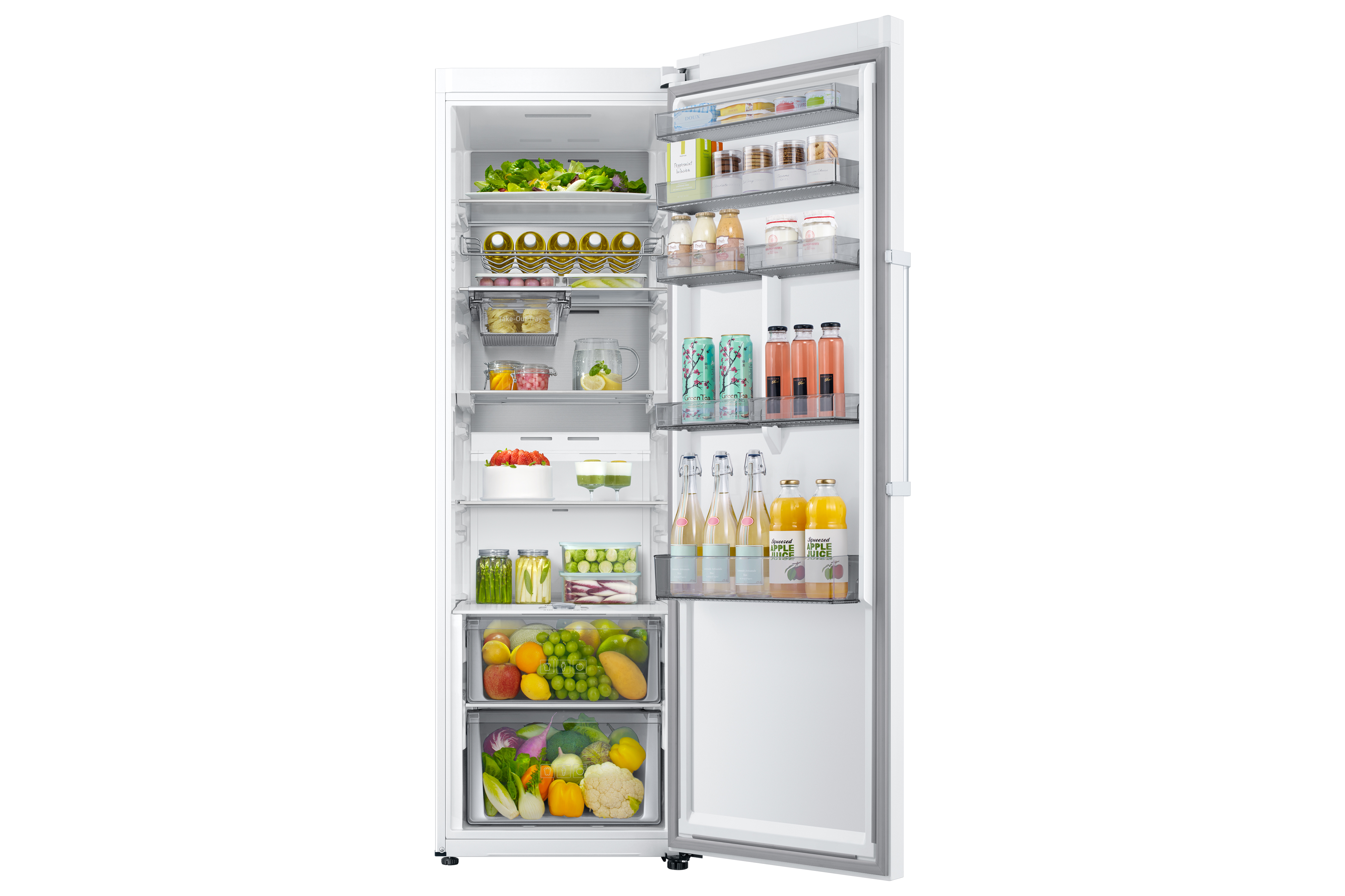 Un refrigerador abierto lleno de frutas, verduras, bebidas y alimentos.