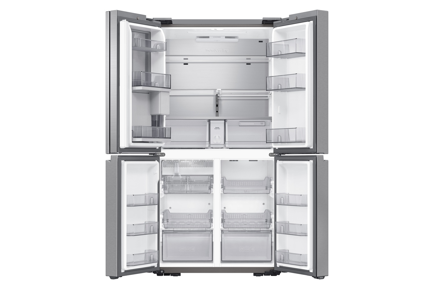 Un refrigerador plateado abierto con múltiples estantes y cajones.