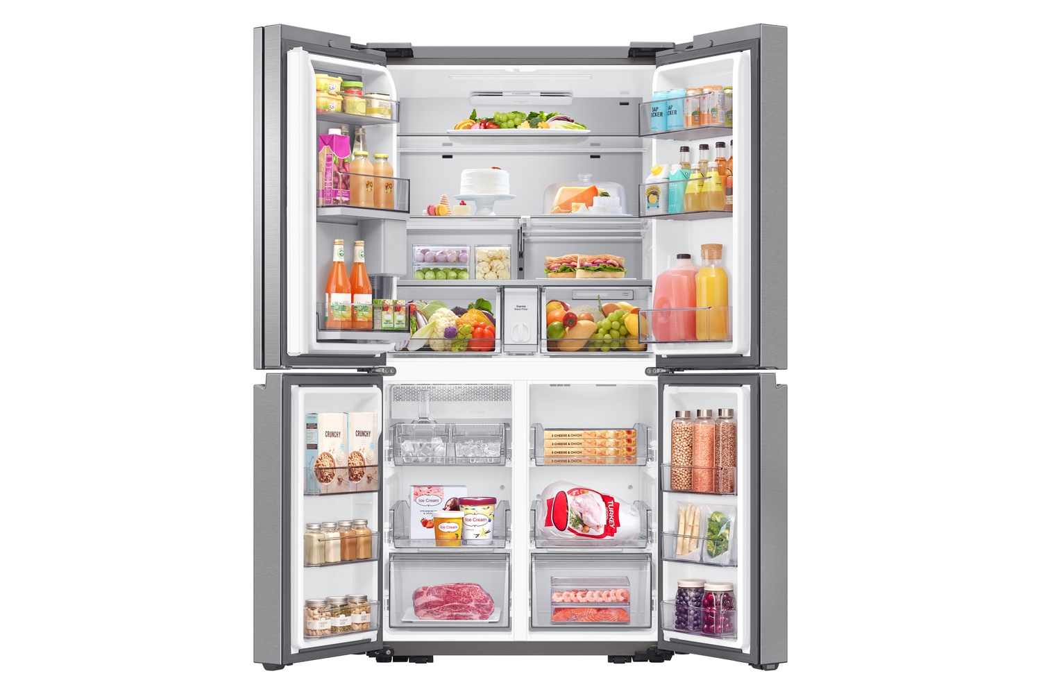 Un refrigerador abierto lleno de alimentos como frutas, verduras, bebidas, carne y helado.