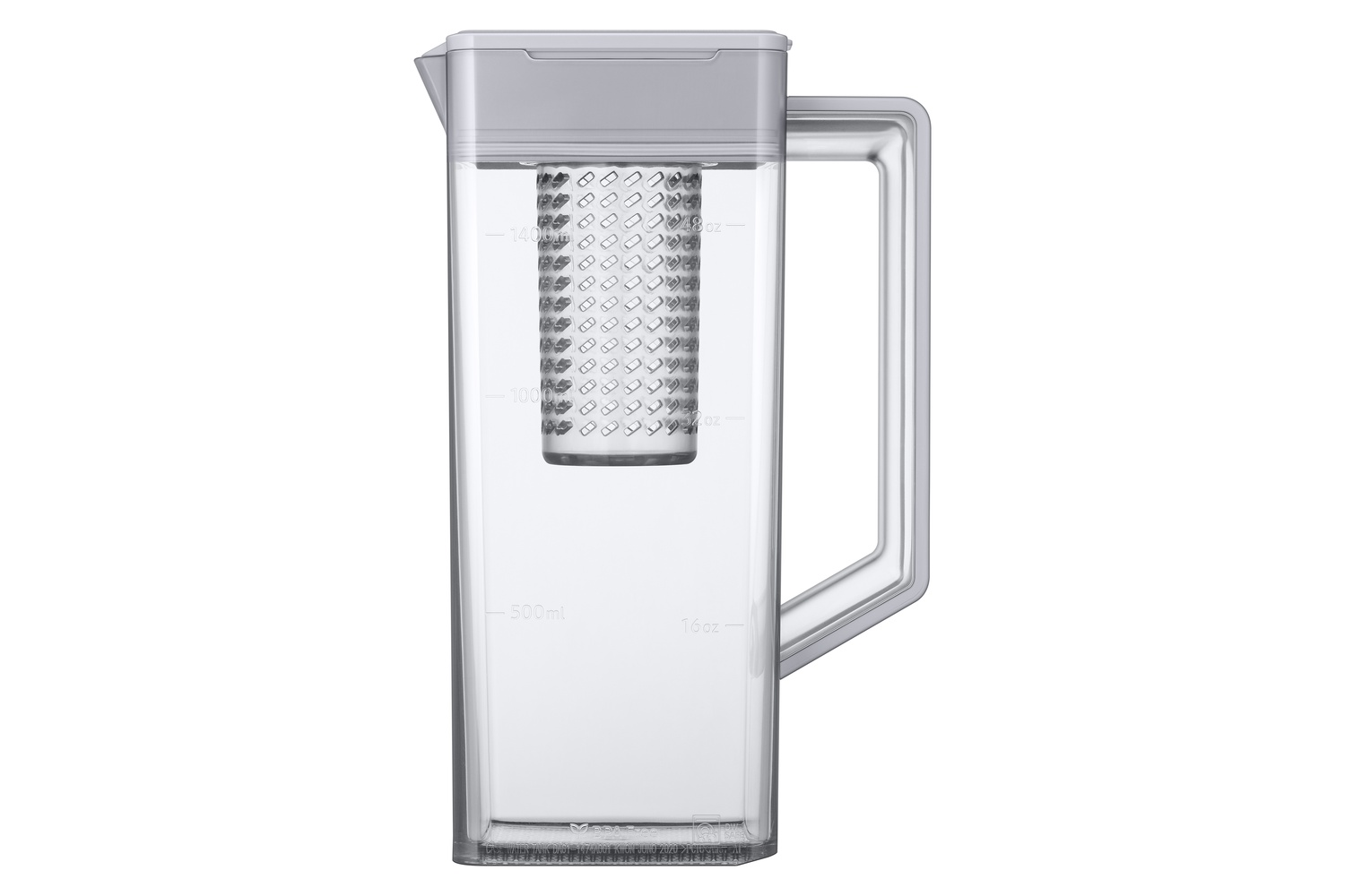 Jarra transparente con asa y tapa, con infusor de frutas y marcas de medición.