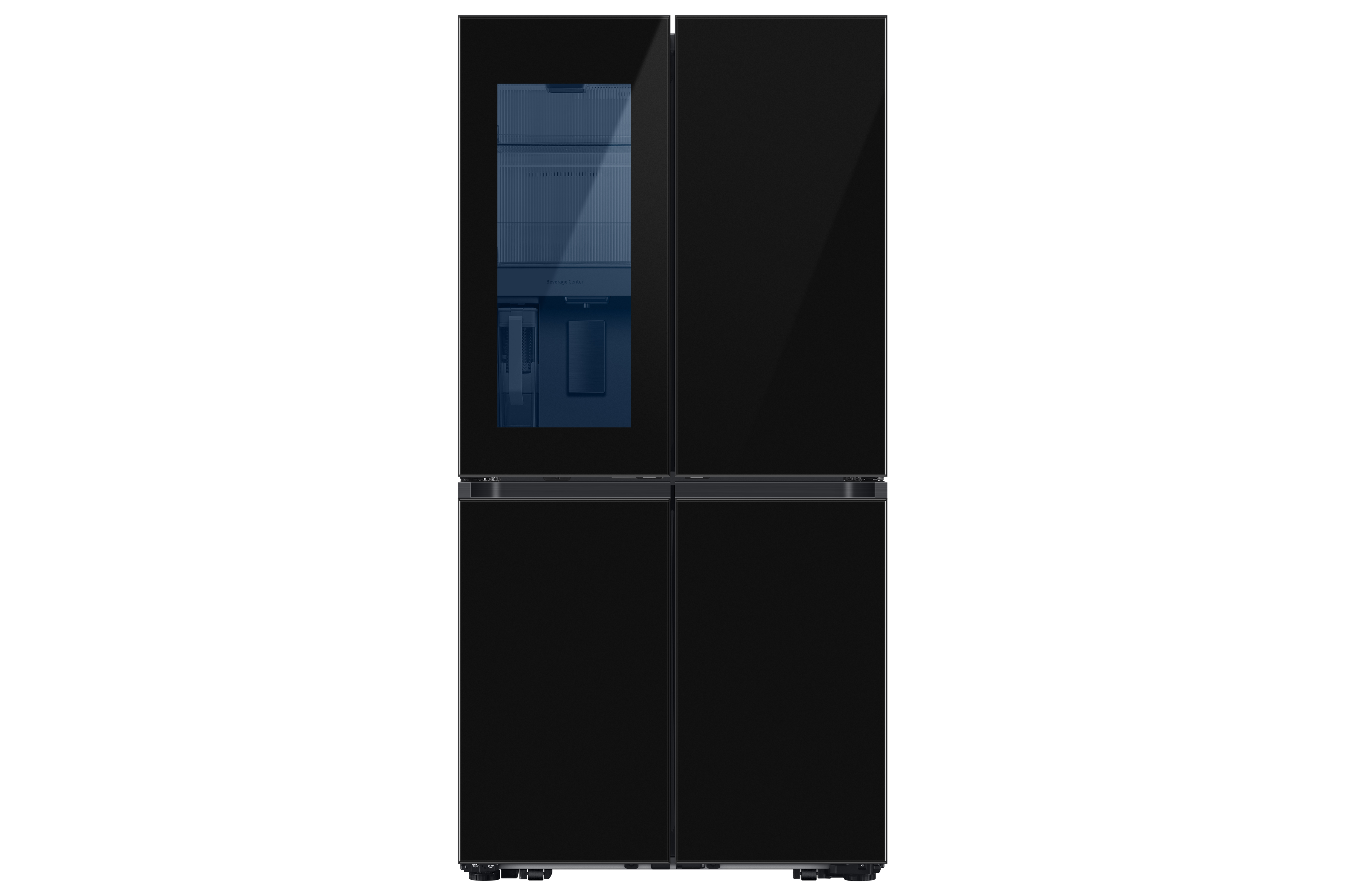 Refrigerador negro de cuatro puertas con un compartimento superior transparente.