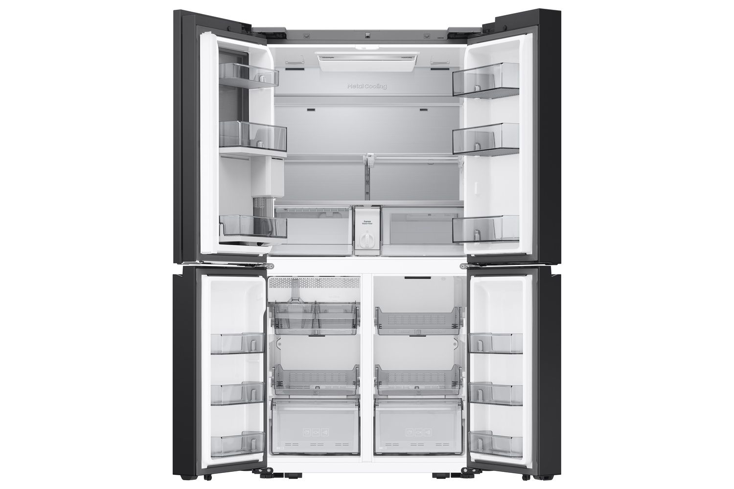 Refrigerador negro de cuatro puertas abierto, vacío y limpio.