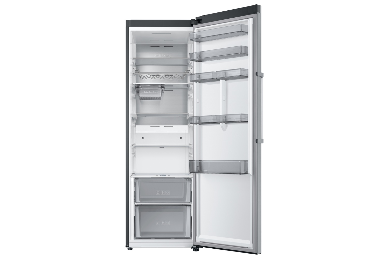 Refrigerador abierto con estantes y cajones, paredes interiores blancas.