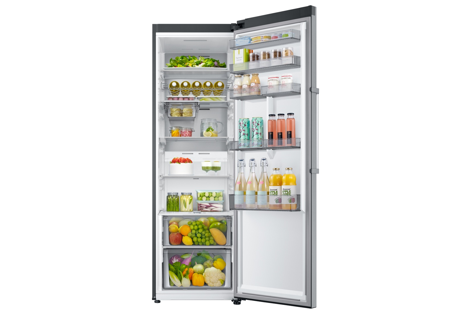 Un refrigerador abierto lleno de frutas, verduras, bebidas y alimentos en los estantes.