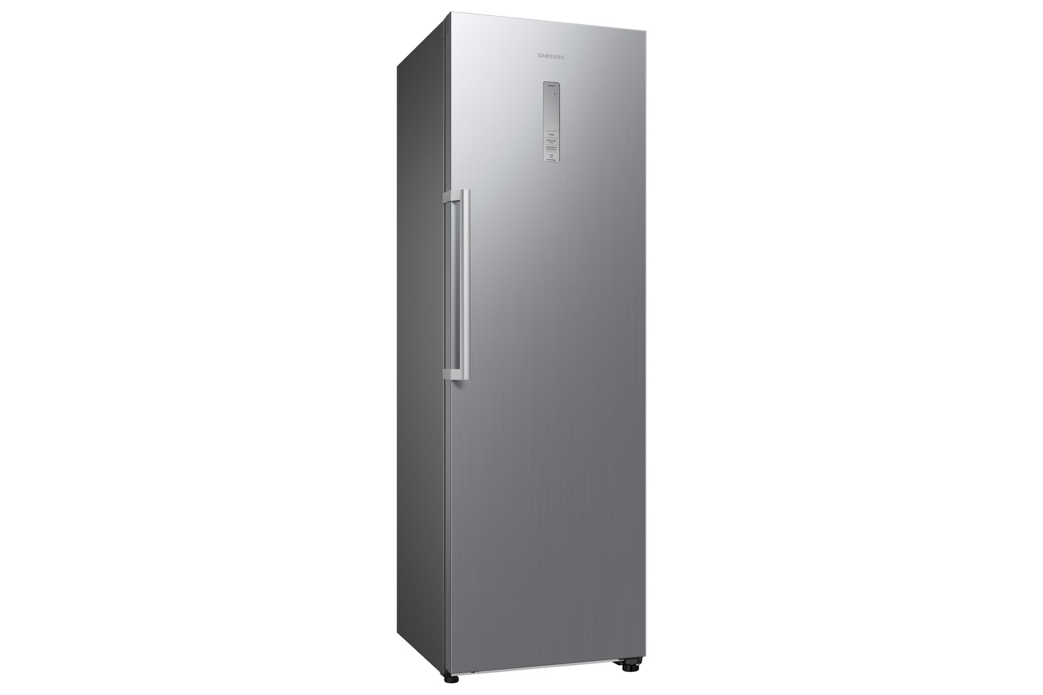 Un refrigerador Samsung plateado y elegante con un asa vertical en la puerta.