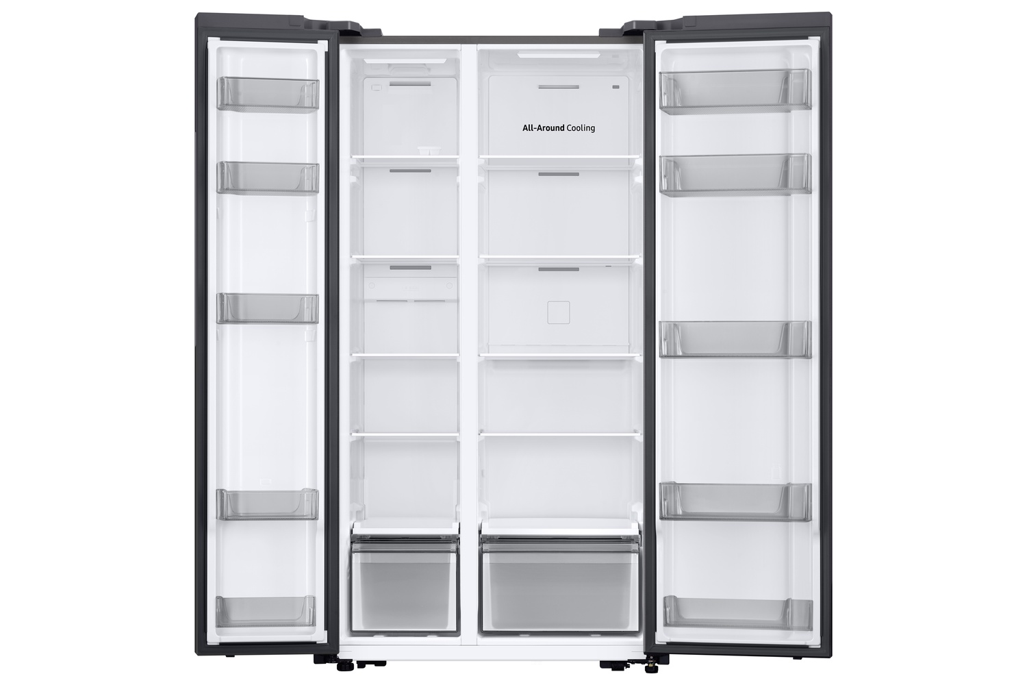 Un refrigerador abierto y vacío con dos puertas, múltiples estantes y cajones.