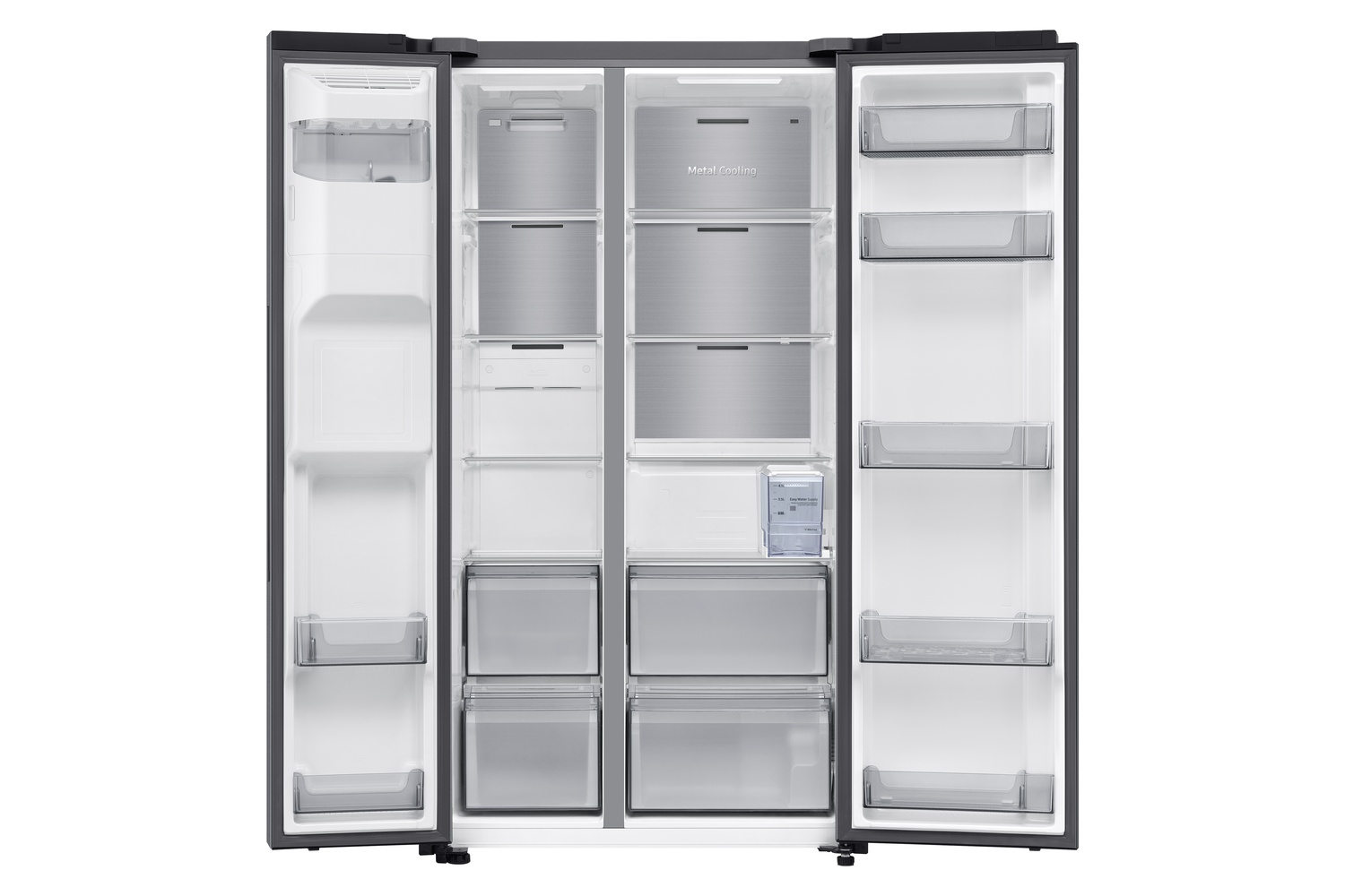 Refrigerador de doble puerta abierto con estantes, cajones y compartimentos.