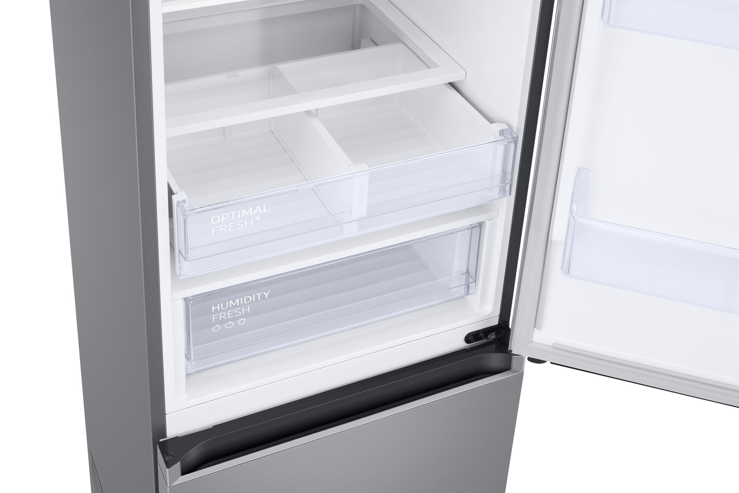 Refrigerador abierto con dos cajones transparentes, uno etiquetado como Optimal Fresh+.