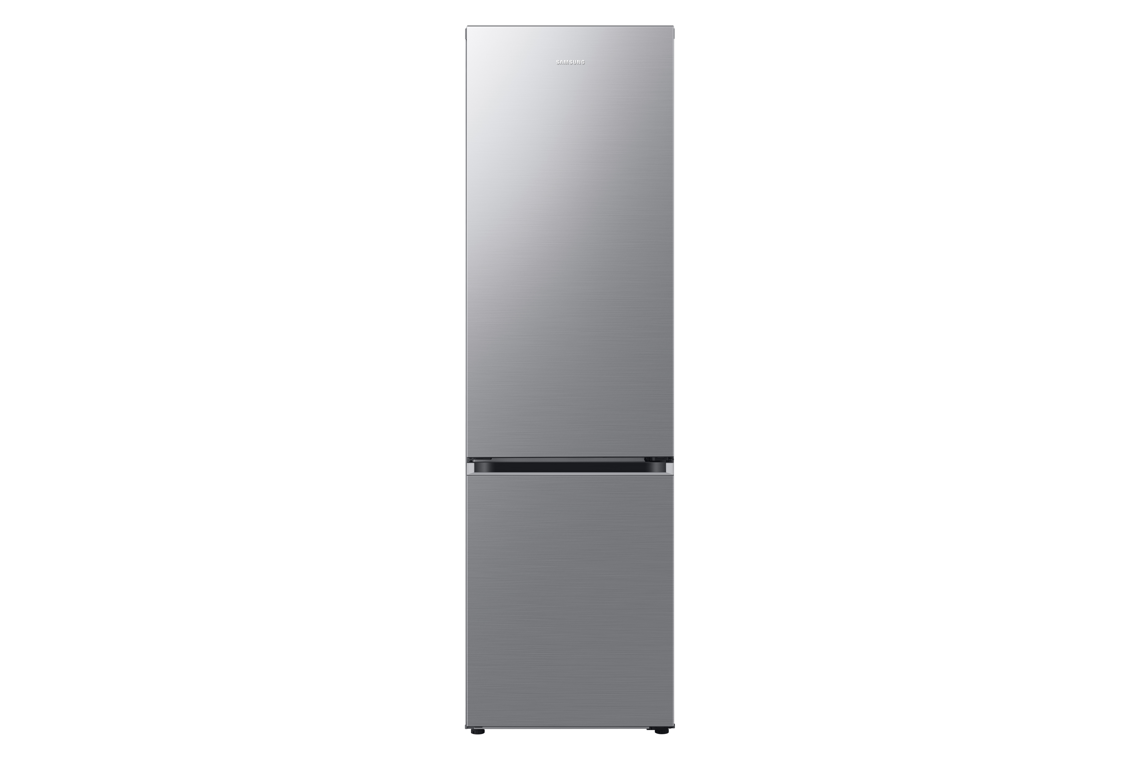 Un refrigerador plateado y elegante con dos puertas sobre fondo blanco.