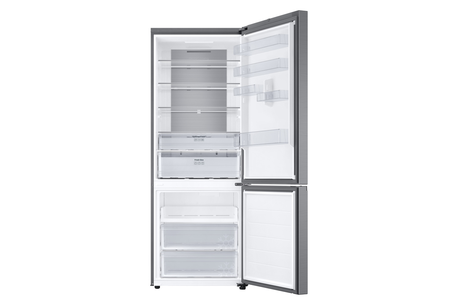 Refrigerador gris abierto con múltiples estantes y cajones.