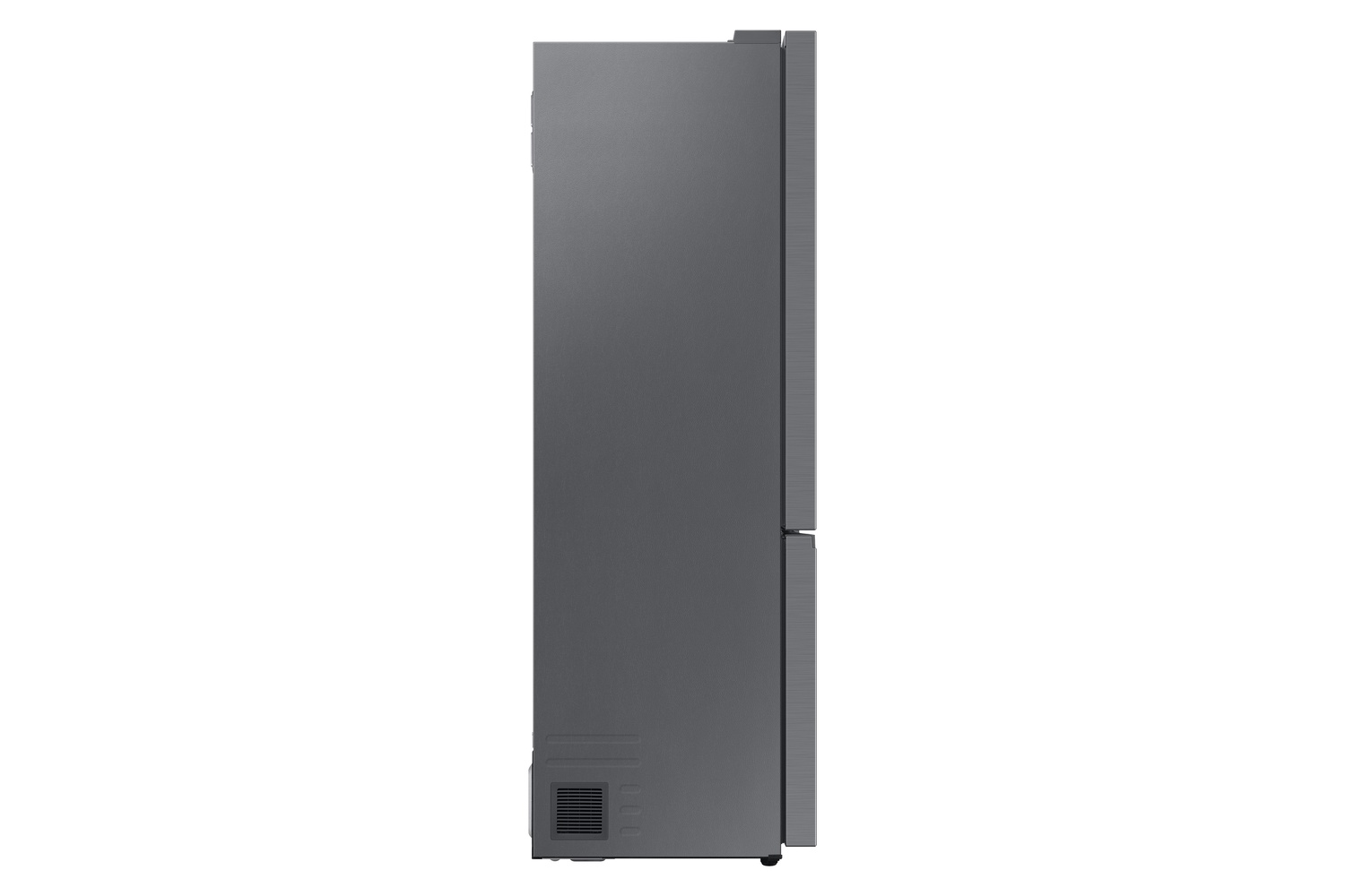 Refrigerador gris visto de lado, con rejilla de ventilación y tiradores.