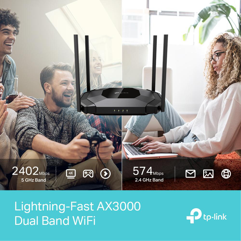 TP-Link Router mit Antennen überlagert mit Szenen von Menschen, die spielen und arbeiten.