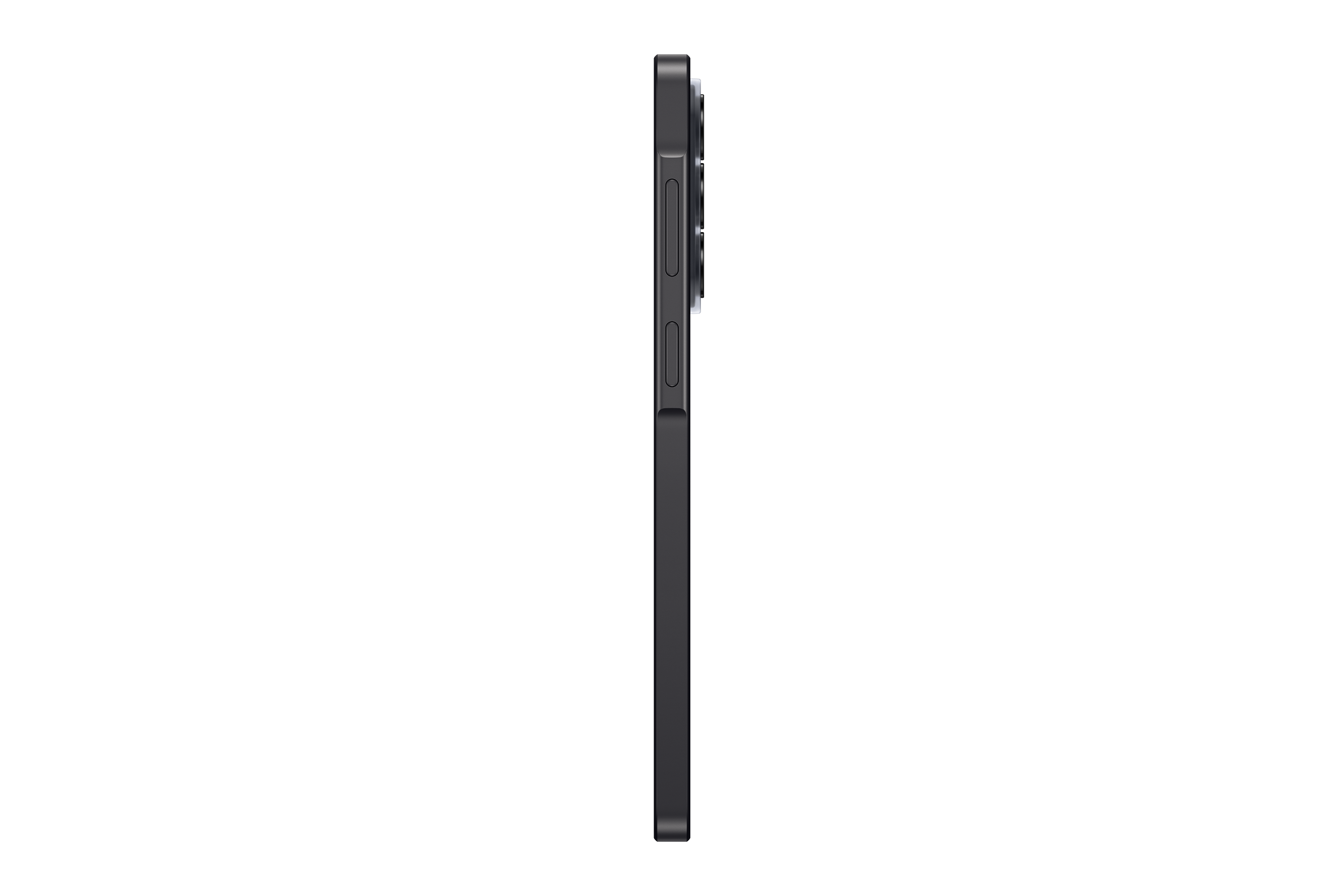 Dunkelgraues Smartphone im Profil mit Kameramodul und seitlichen Tasten.