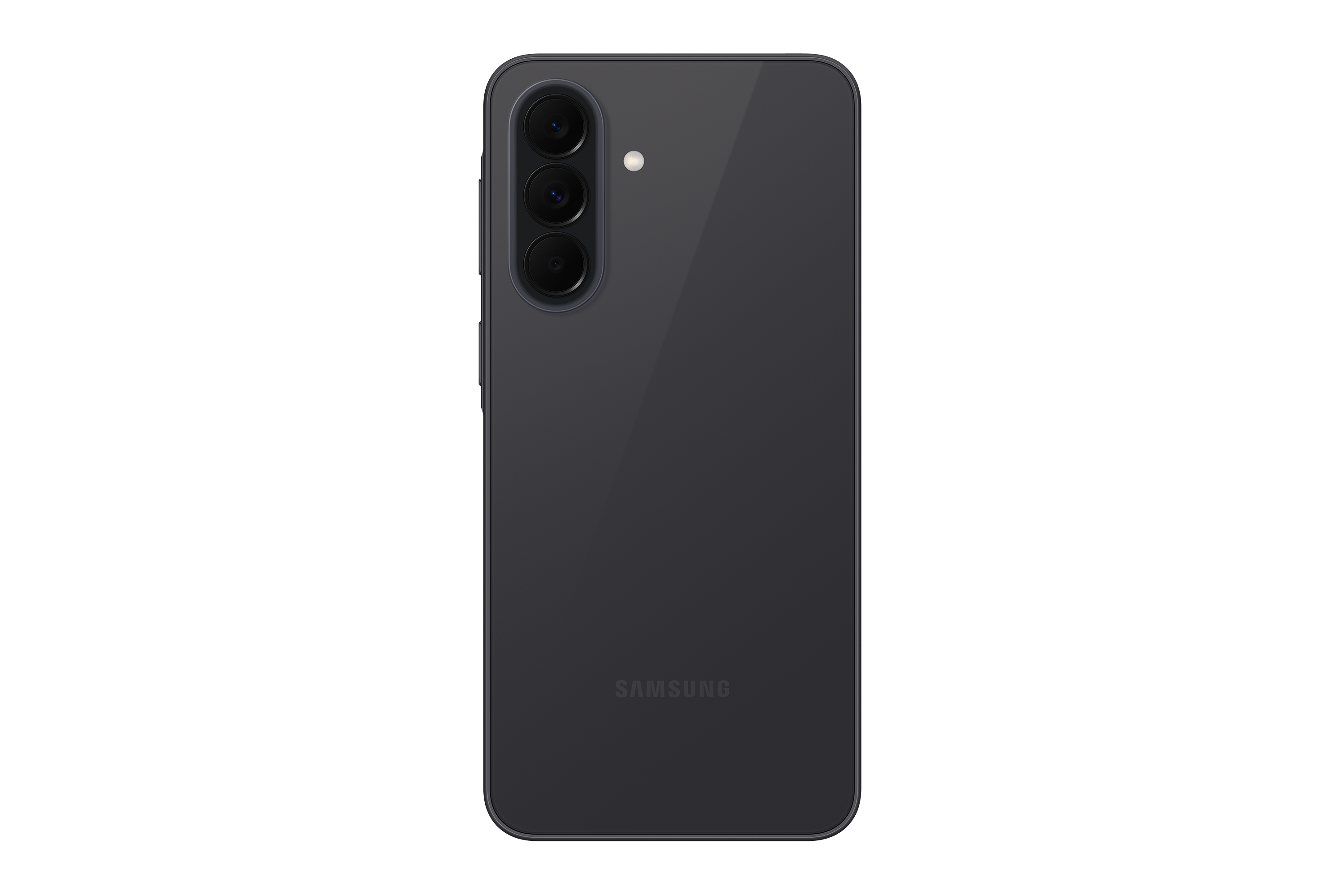 Rückseite eines dunklen Samsung Smartphones mit drei Kameras und Blitz.