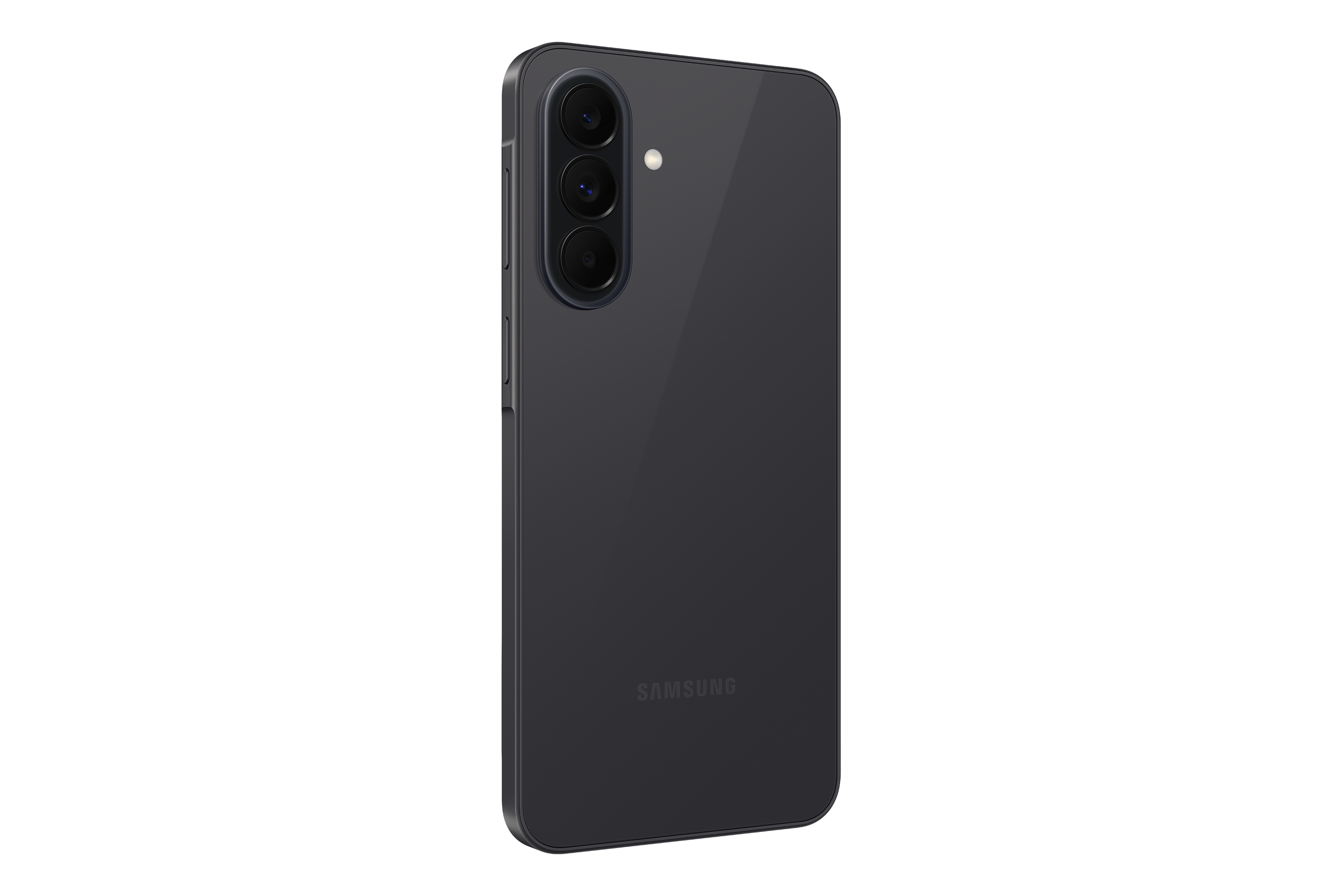 Dunkelgraues Smartphone mit drei Kameras und Blitz auf der Rückseite.
