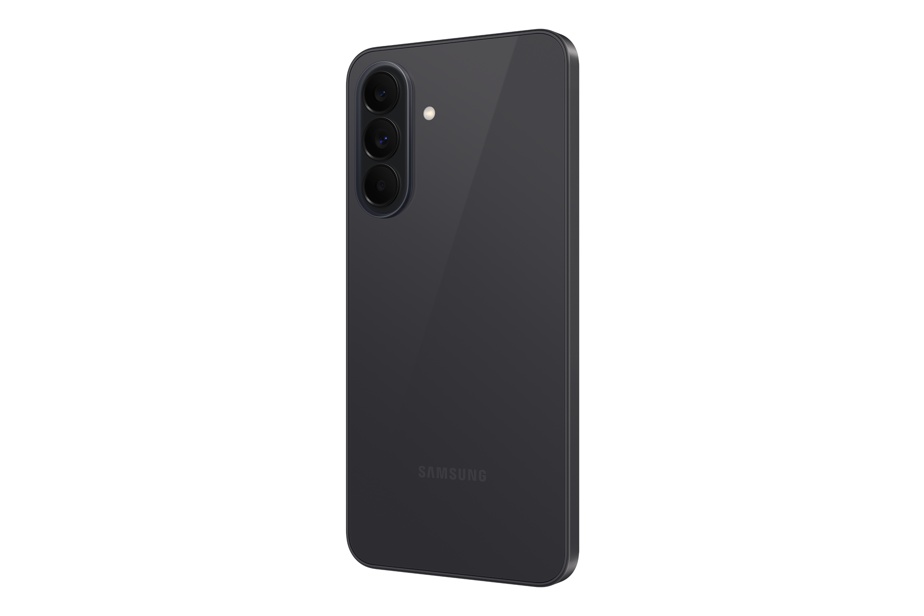Rückseite eines dunklen Samsung-Smartphones mit drei Kameralinsen und Blitz.