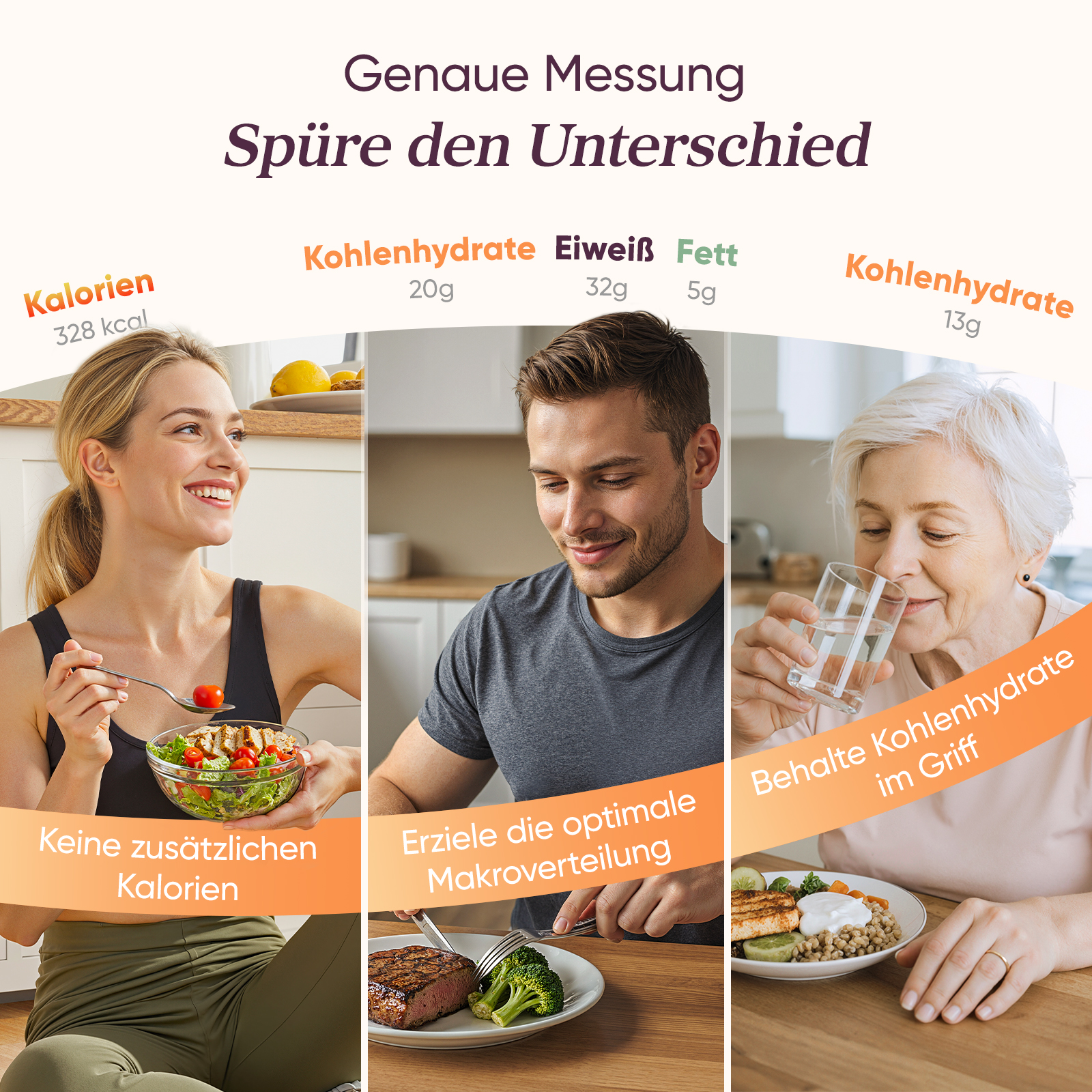 Drei Personen zeigen gesunde Ernährung mit Nährwertangaben.