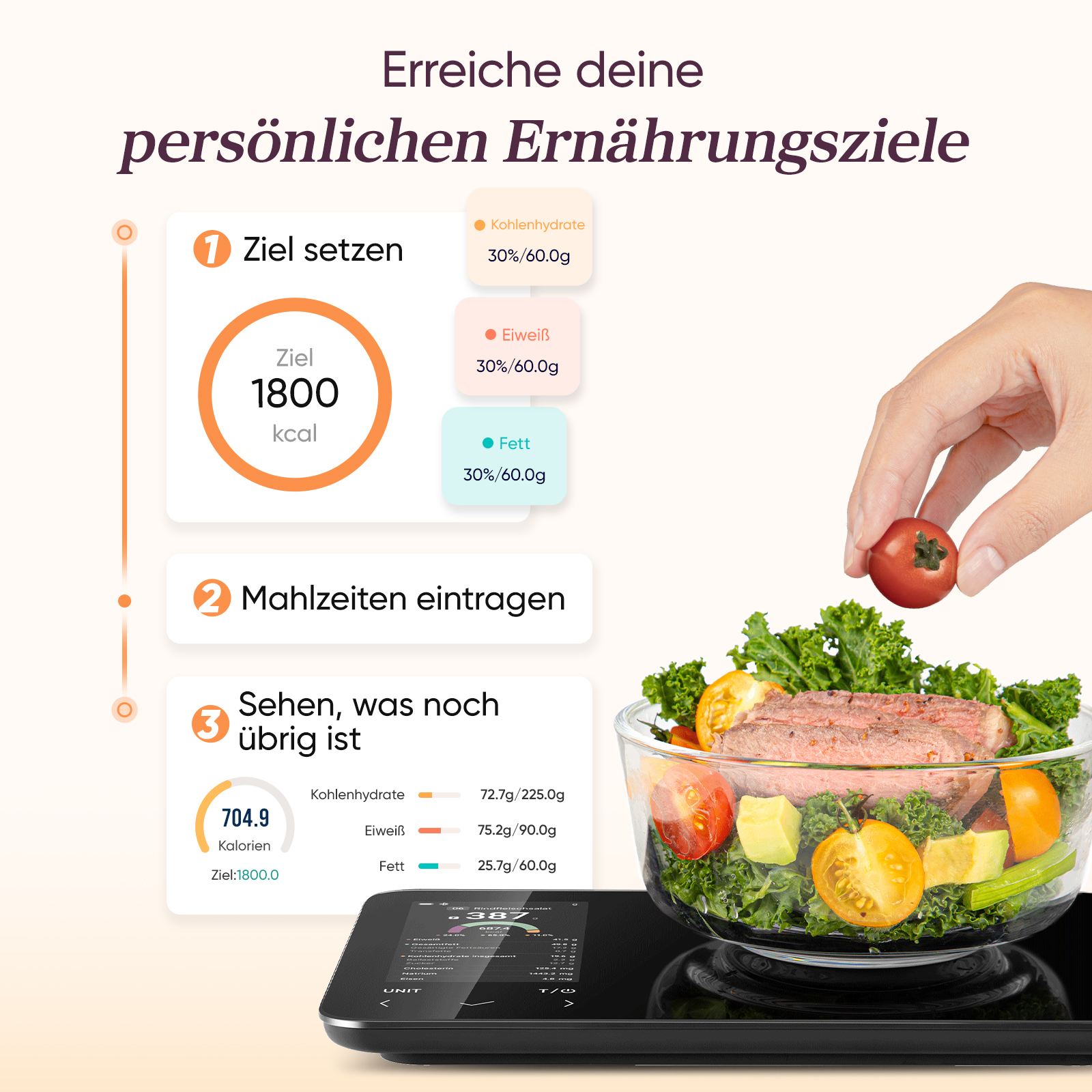 App zeigt Ernährungsziele mit Kalorien und Nährwerten. Eine Hand gibt Tomate zu einem Salat mit Fleisch.