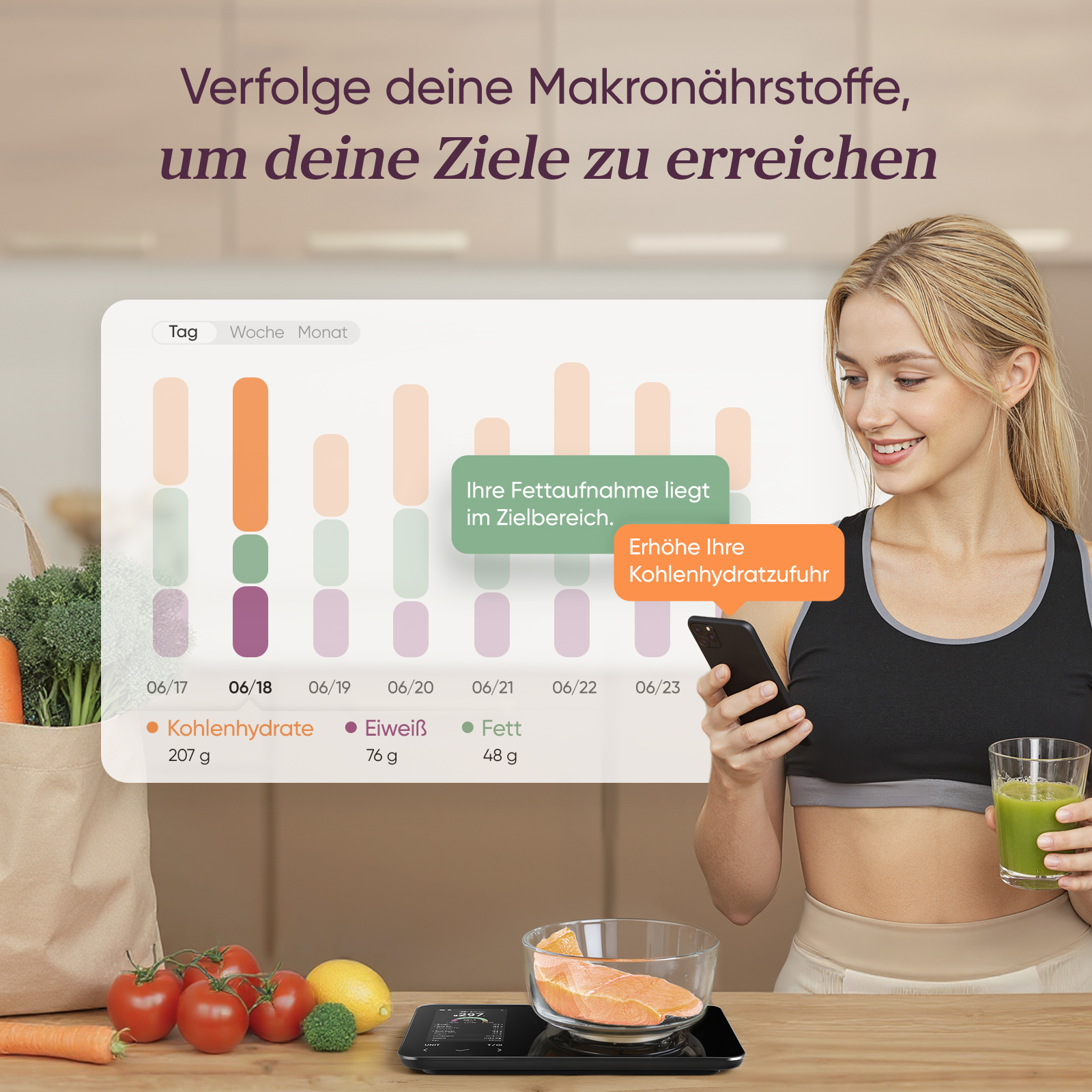 Frau mit Smartphone und Glas, Makronährstoff-Diagramm, Lebensmittel und Waage.