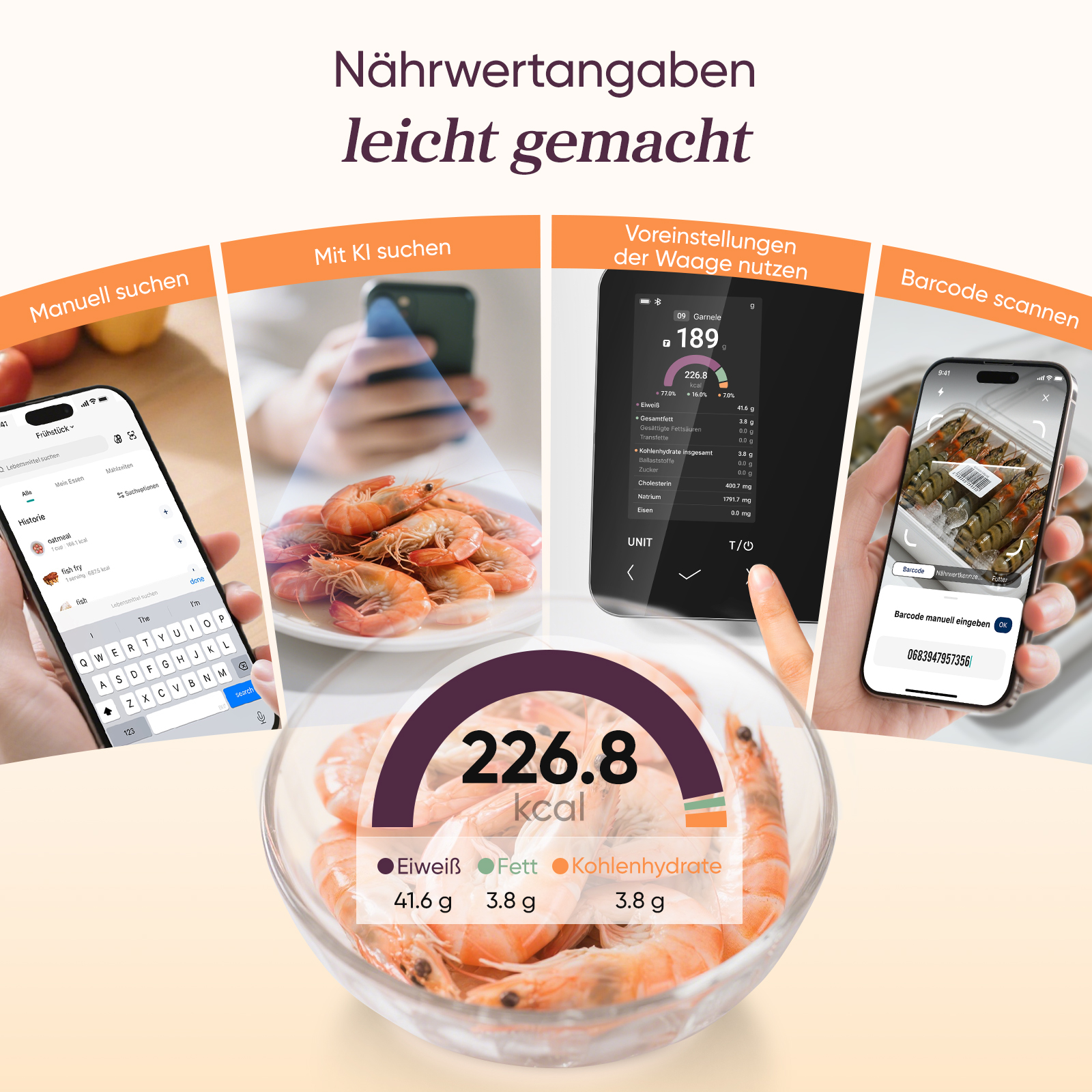 Bildschirm mit Nährwertangaben für Garnelen, Suche auf Handy und Barcode-Scan.