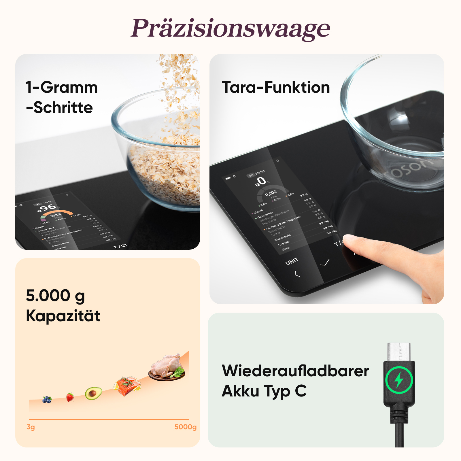 Präzisionswaage mit Tara-Funktion, 5kg Kapazität, USB-C. Hafer wird eingewogen.