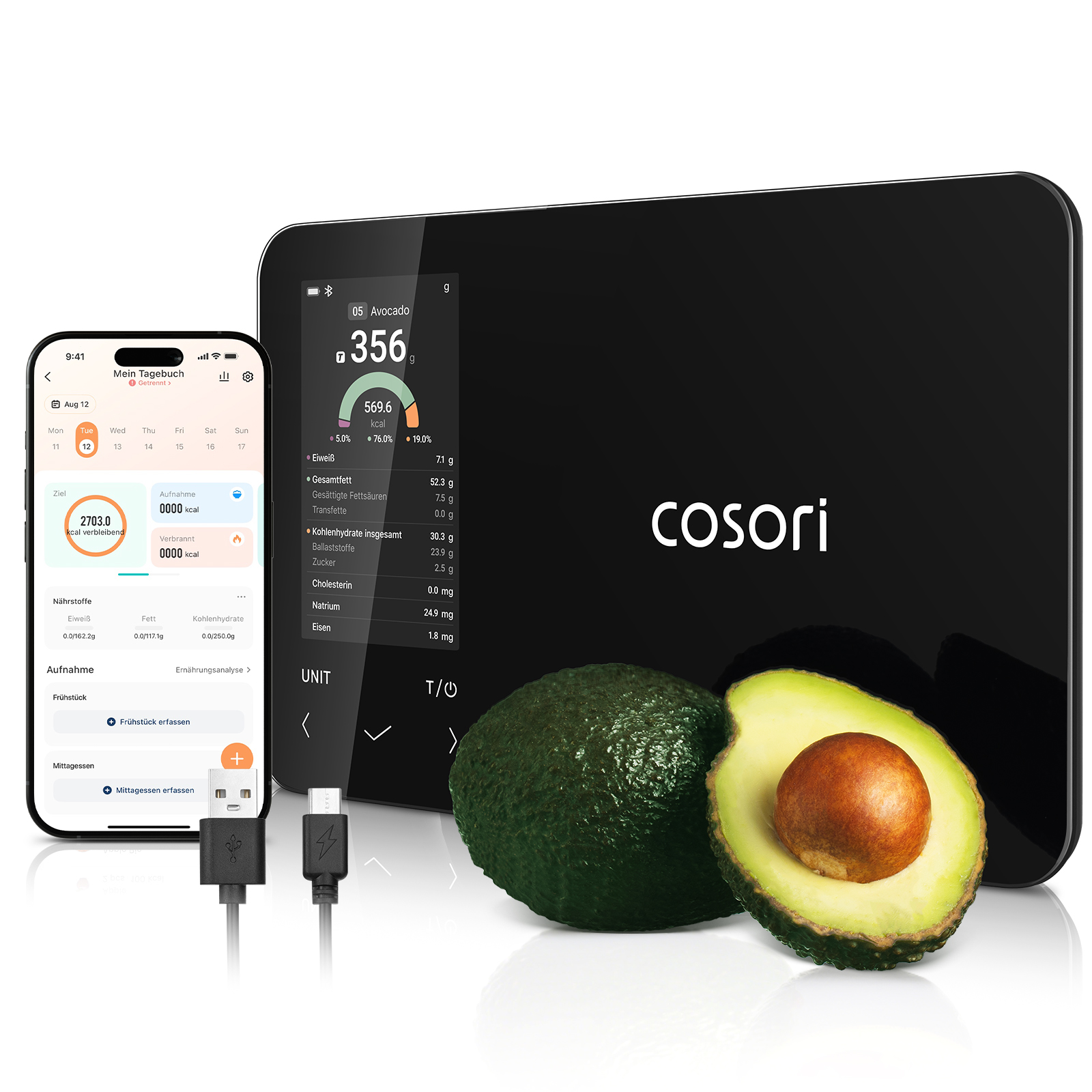 Ein schwarzes Cosori-Gerät mit einem Smartphone und Avocados. Nährwertangaben werden angezeigt.