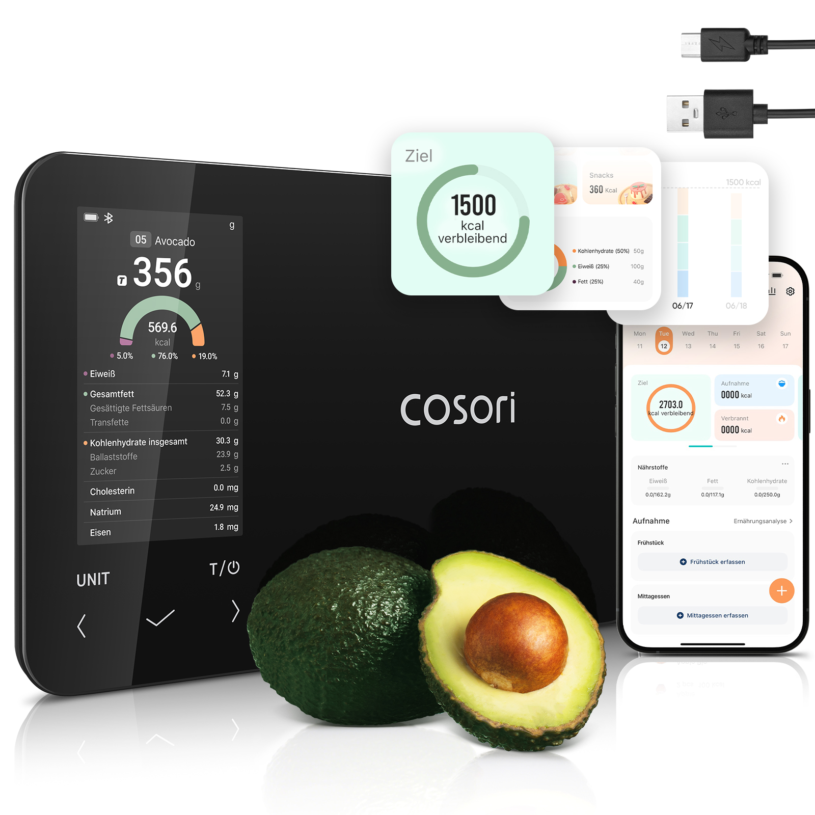 Eine Waage zeigt Nährwertangaben für Avocado an. Daneben sind ein Smartphone und USB-Kabel.