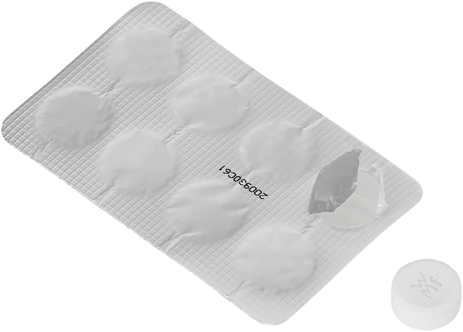 Egy fehér buborékfólia hat tablettával, egy hiányzik. Egyetlen fehér tabletta mellette van.
