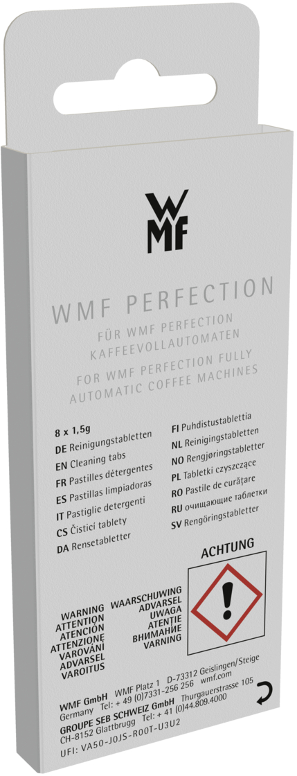 WMF tisztítótabletta csomagolás figyelmeztető szimbólummal és többnyelvű utasításokkal.