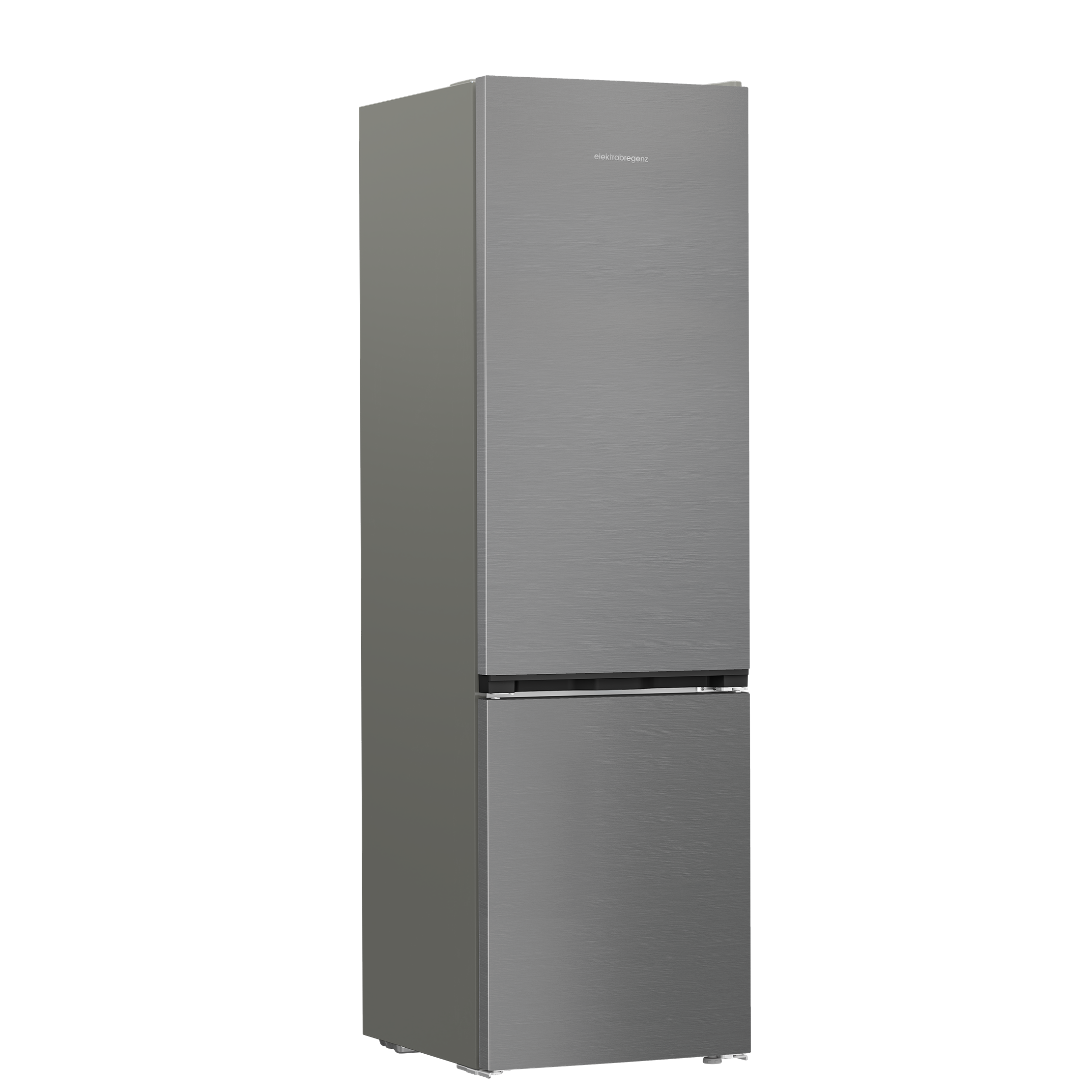 Ein moderner, freistehender Kühlschrank in Silber mit zwei Türen.