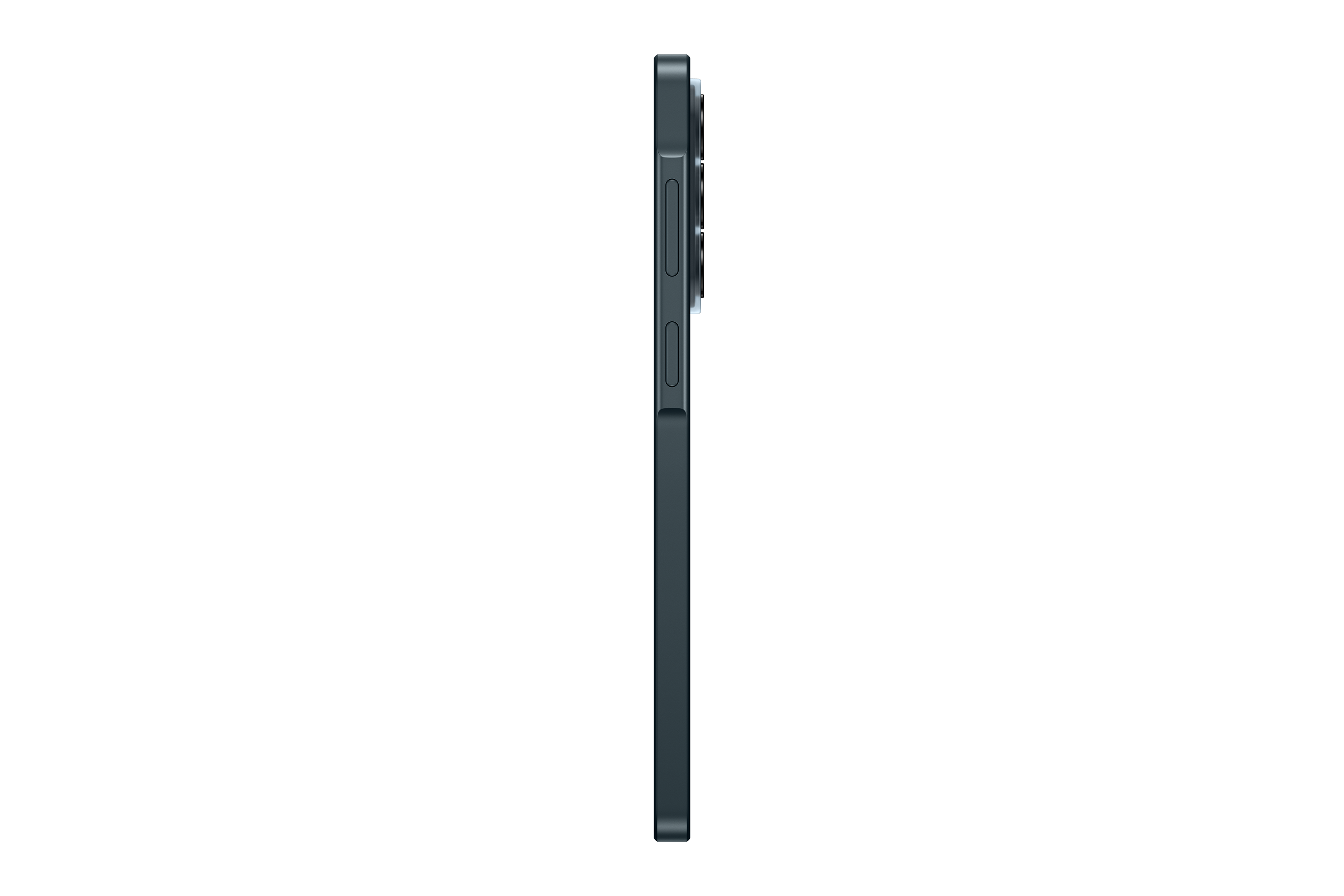 Dunkelgraues Smartphone im Profil auf schwarzem Hintergrund mit drei Kameras.