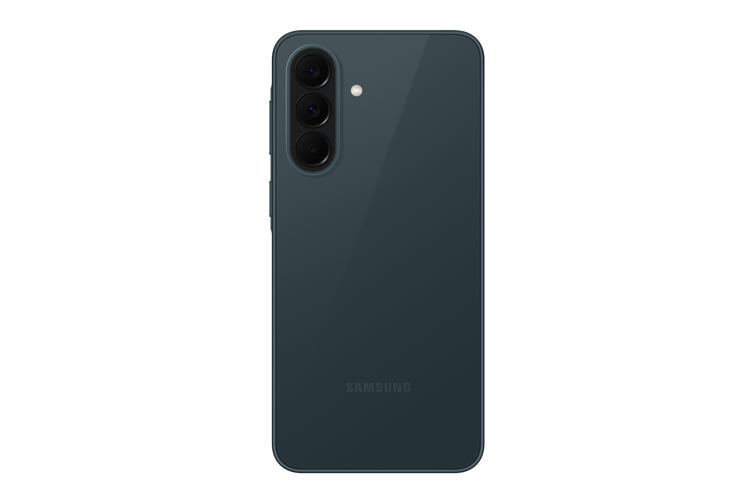 Rückseite eines dunkelgrünen Samsung Smartphones mit drei Kameralinsen und Blitz.