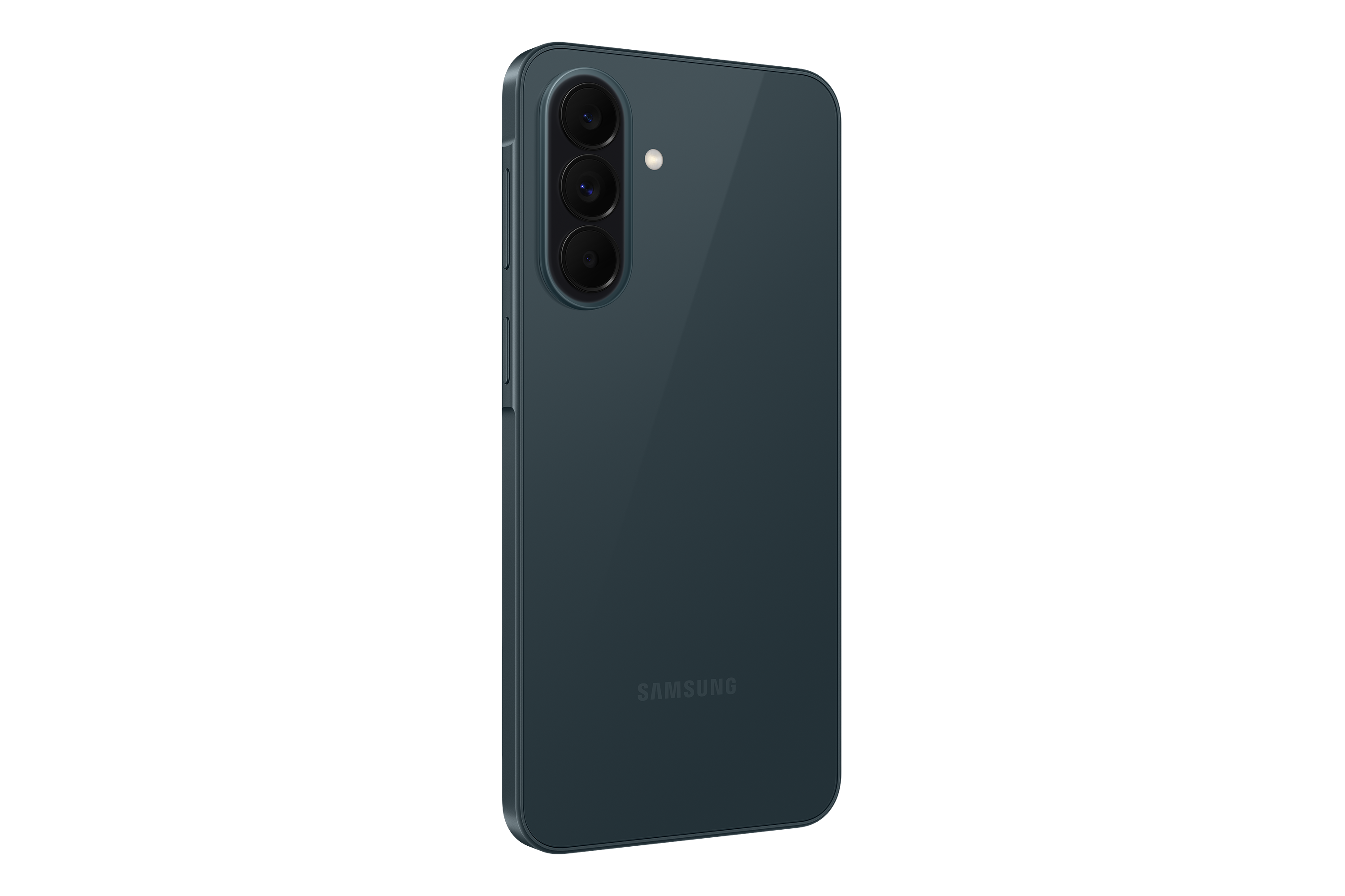 Rückseite eines dunkelgrünen Smartphones mit drei Kameras und dem Samsung-Logo.
