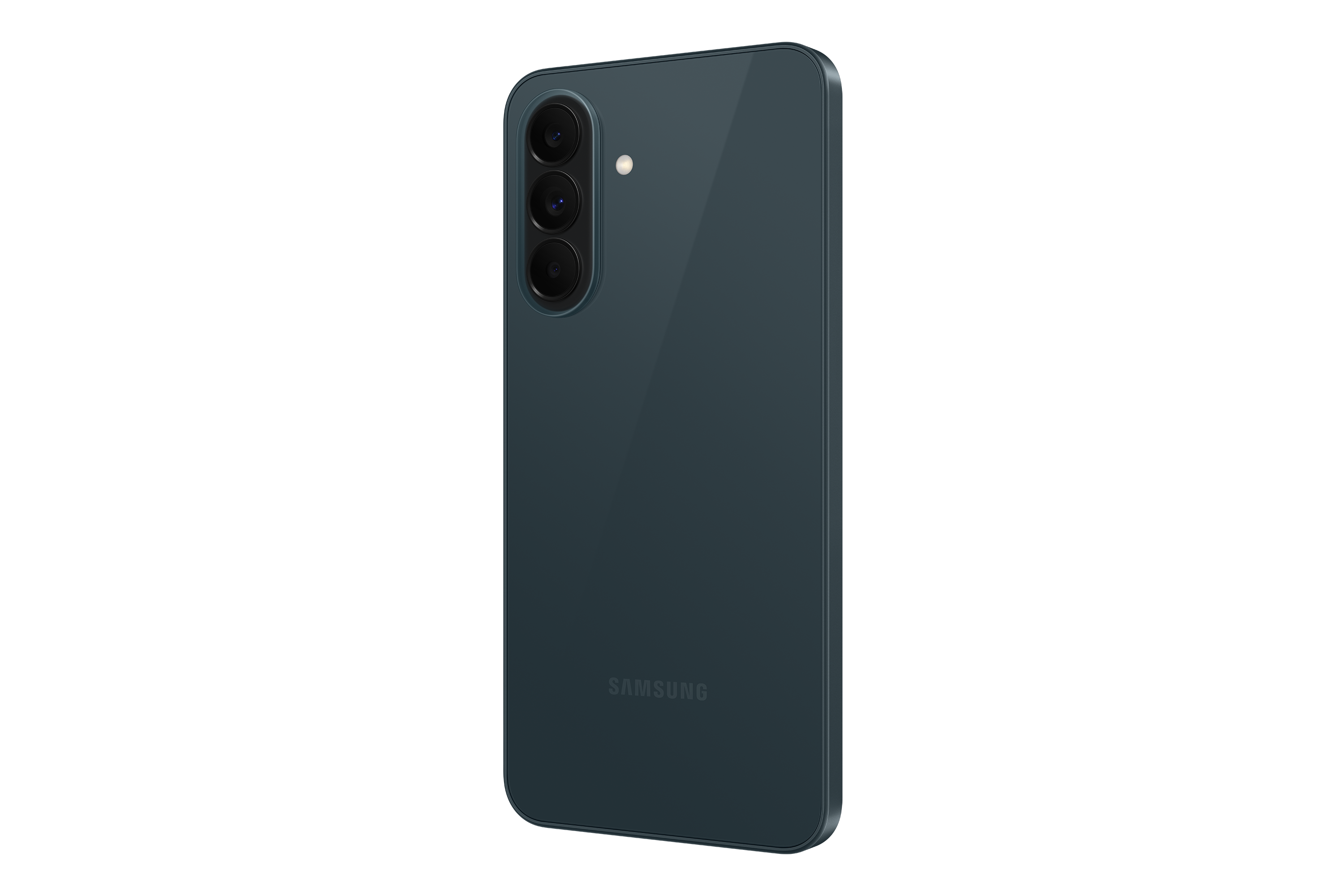 Rückseite eines dunkelgrünen Smartphones mit drei Kameras und Blitz.